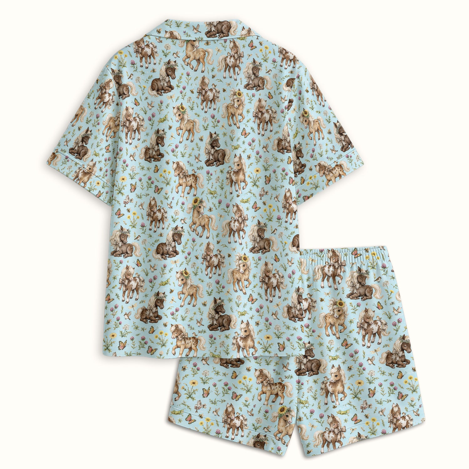 Cute Pony Garden with Butterfly Floral Meadow Print Pajama Set, Soft Breathable Fabric Comfortable Sleepwear