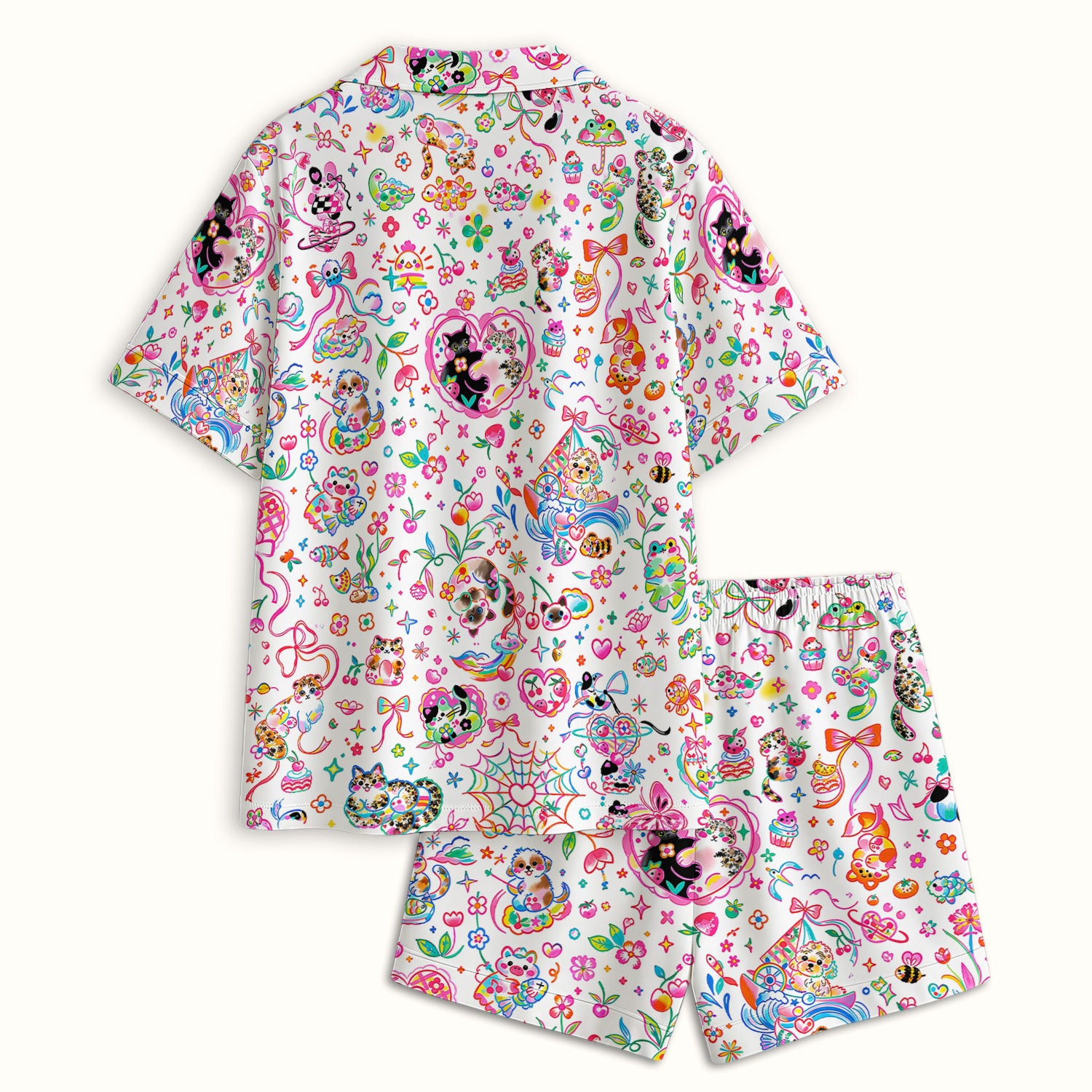 Colorful Kawaii Cat Heart Doodle Pattern Pajama Set, Soft Breathable Fabric Comfortable Sleepwear