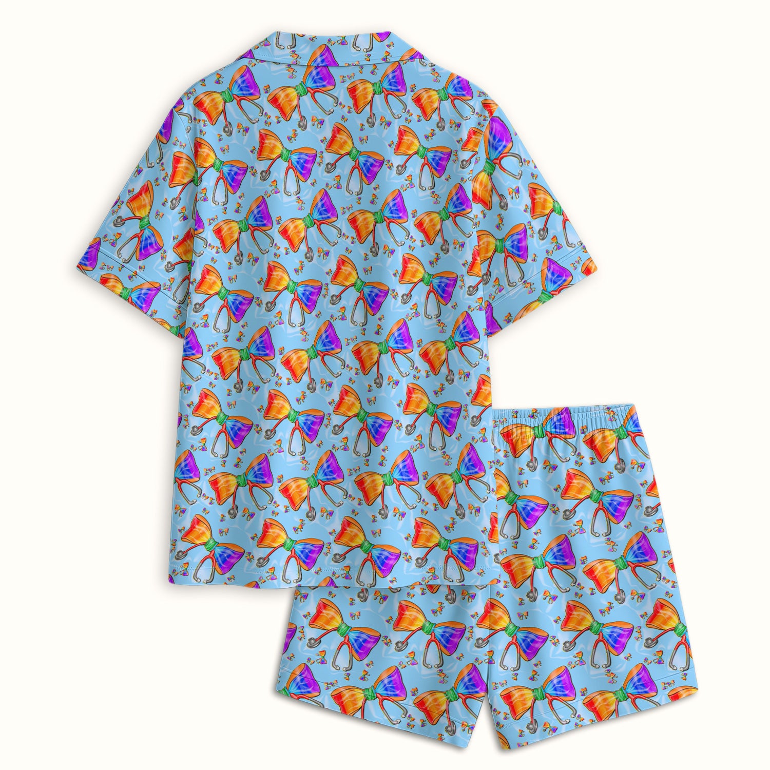 Colorful Rainbow Bow Stethoscope Pattern Pajama Set, Breathable Fabrics Uniform