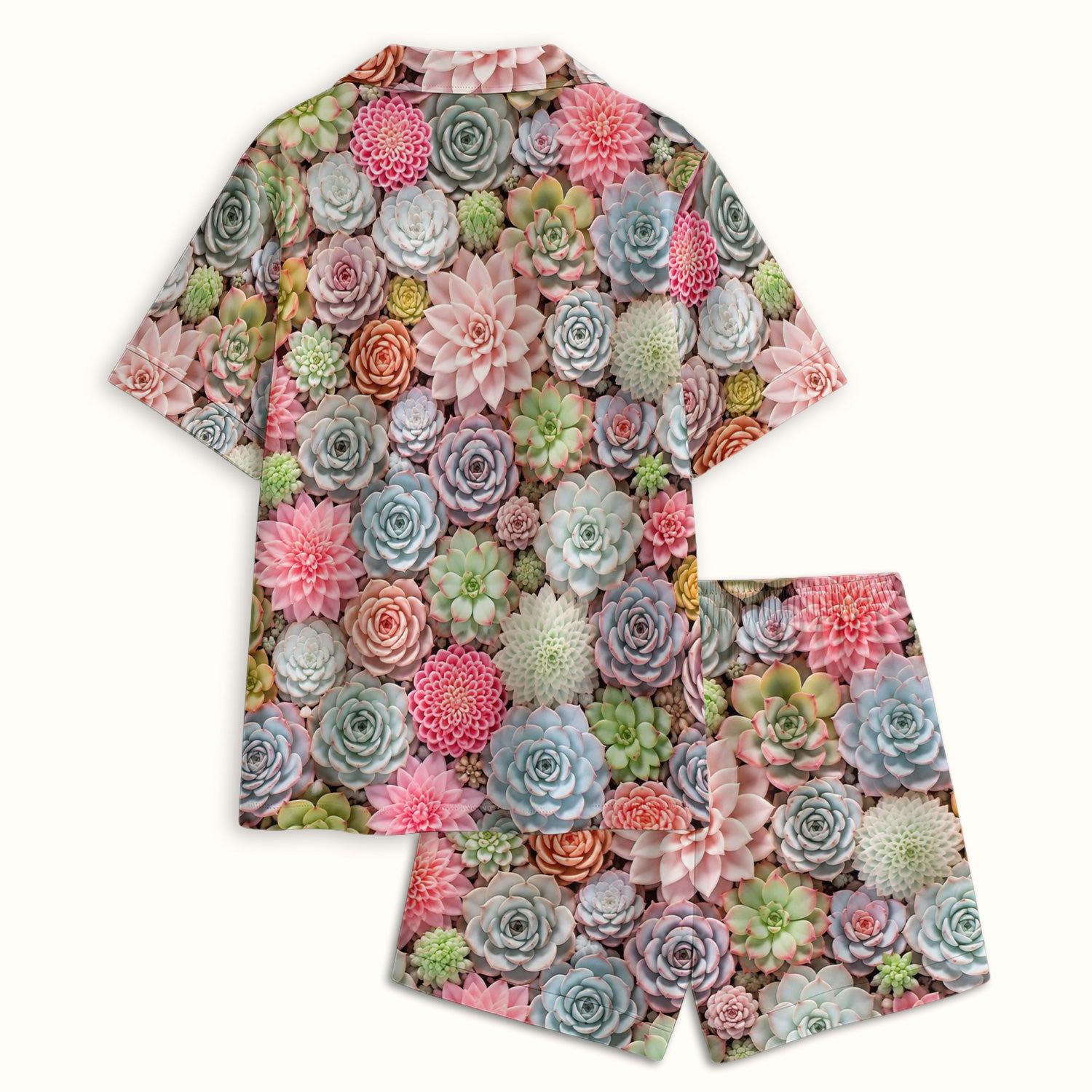 Cute Pastel Succulent Blossom Pattern Pajama Set, Soft Breathable Fabric Comfortable Sleepwear