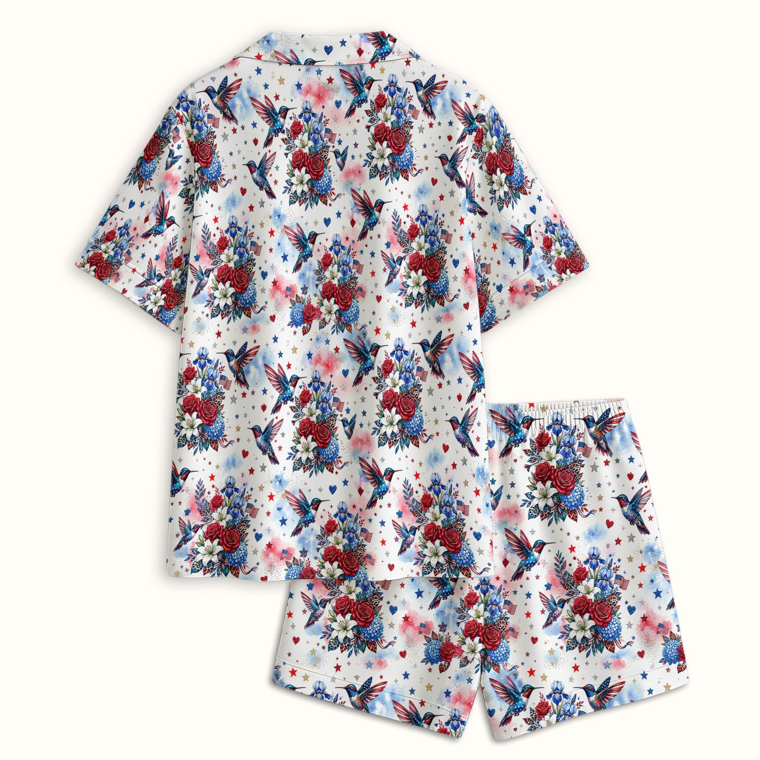 Patriotic Hummingbird Floral Bouquet Pattern Pajama Set, Soft Breathable Fabric Comfortable Sleepwear
