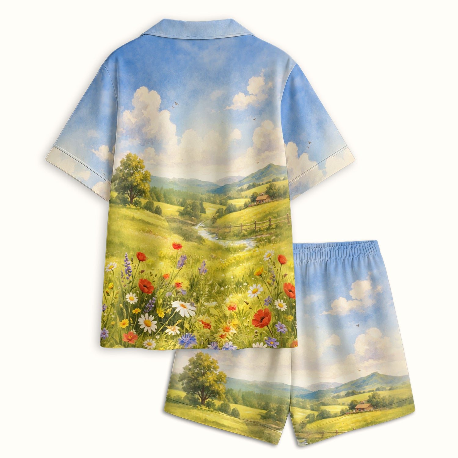 Cute Cow Wearing Boots Meadow Scene Pattern Pajama Set, Soft Breathable Fabric Comfortable Sleepwear