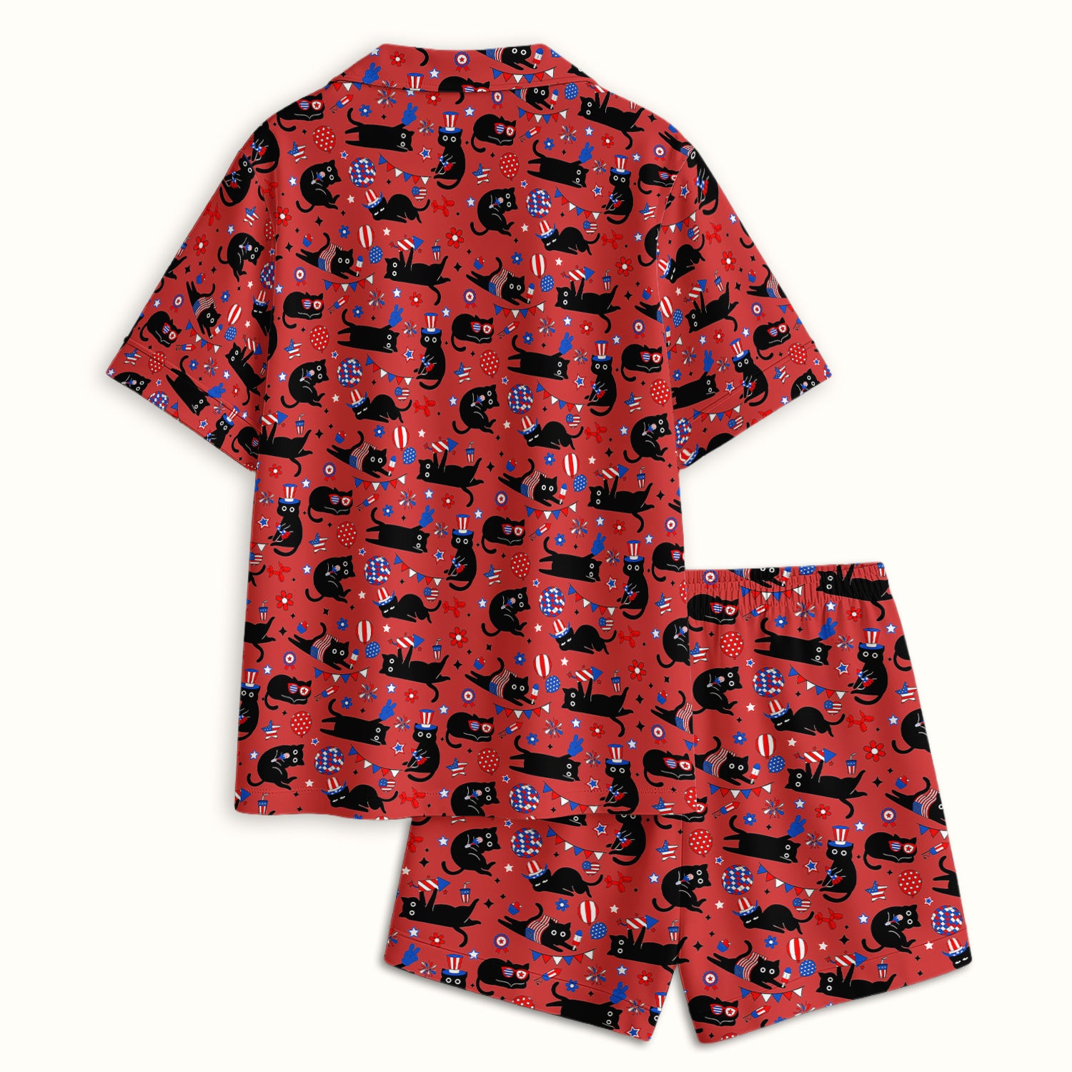 Patriotic Black Cat Pattern Pajama Set, Soft Breathable Fabric Comfortable Sleepwear