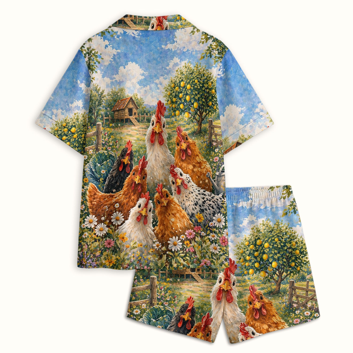 Rustic Chicken Family Farm Garden Pattern Nurse Pajama Set, Soft Breathable Fabric Comfortable Sleepwear