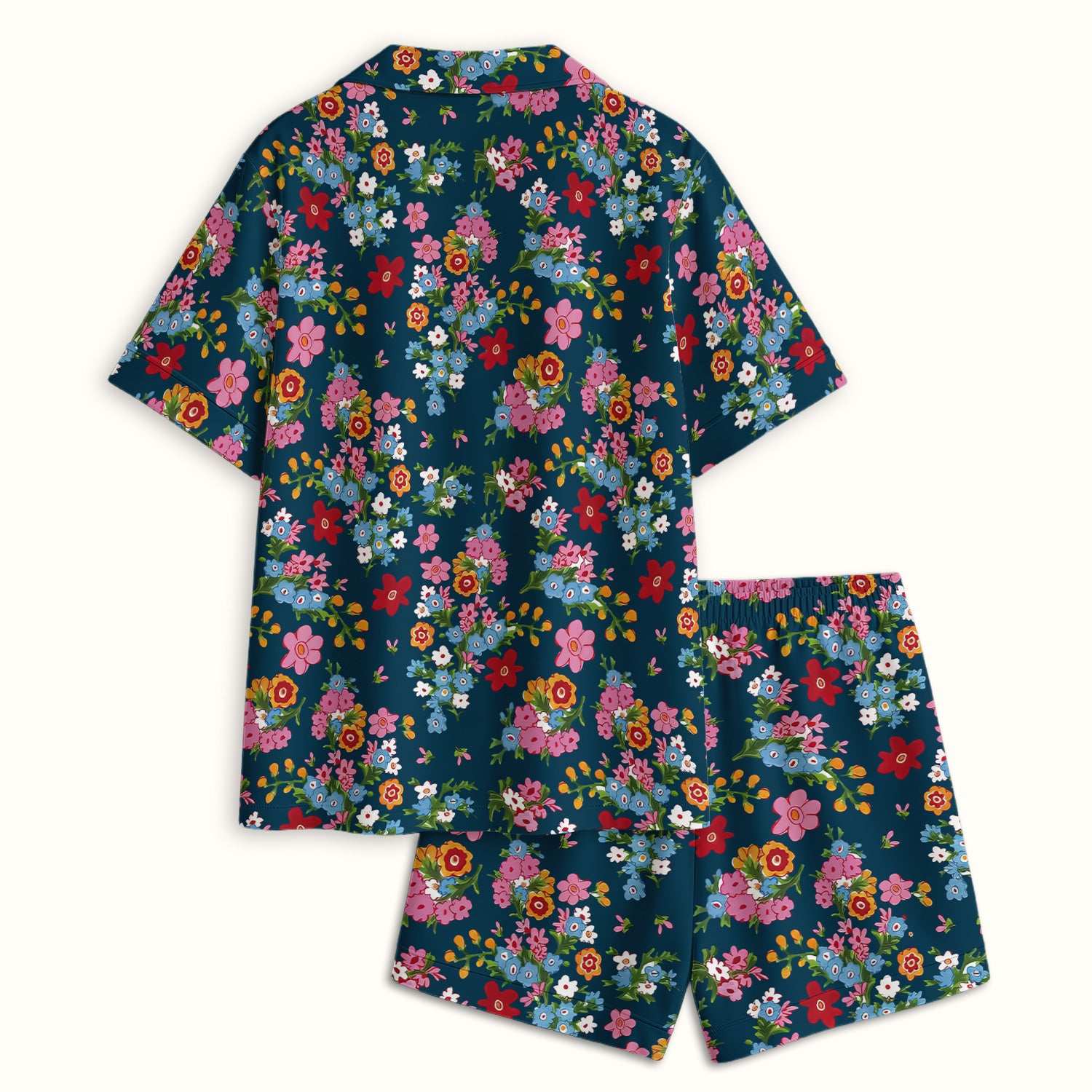 Charming Vintage Floral Bouquet Pattern Pajama Set, Breathable Fabrics Uniform