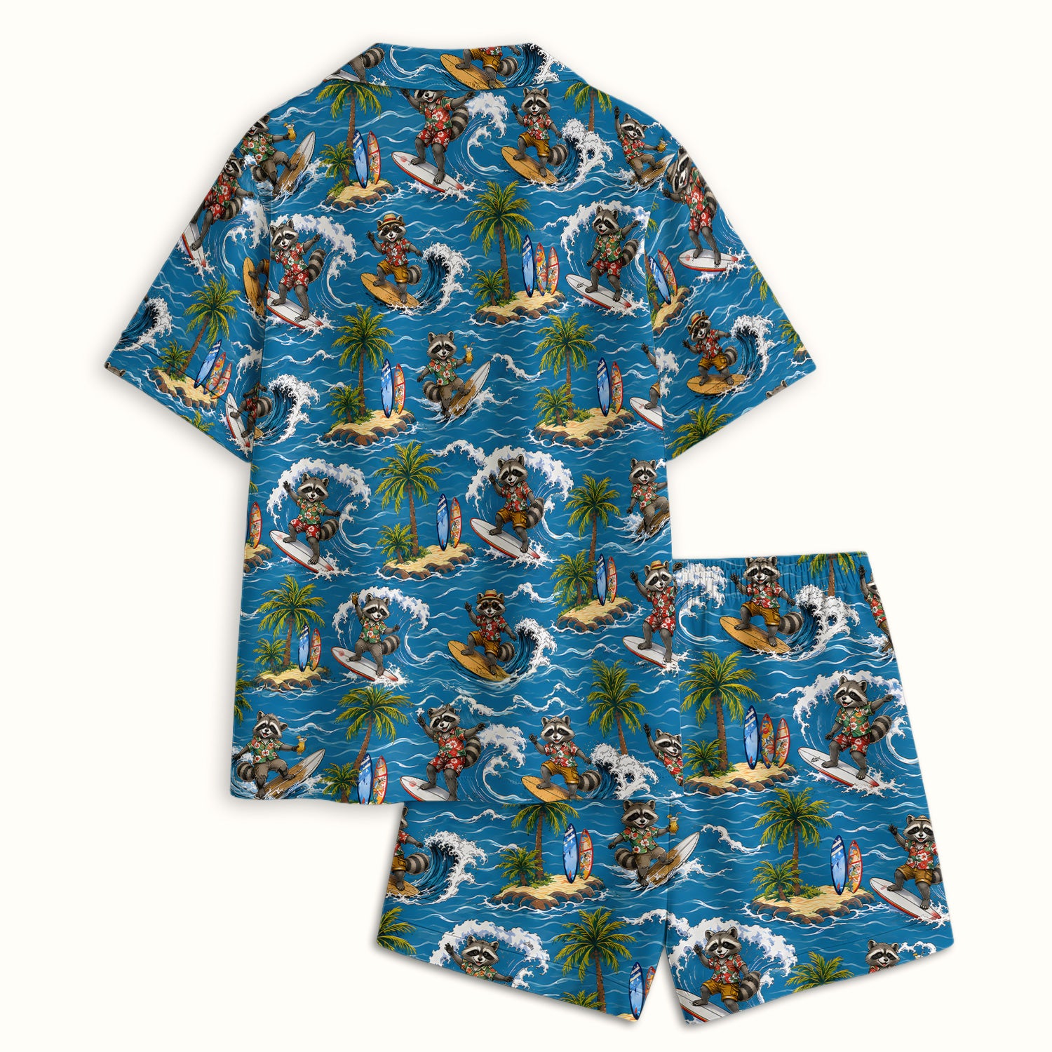 Tropical Surfing Raccoon Island Pattern Pajama Set, Soft Breathable Fabric Comfortable Sleepwear