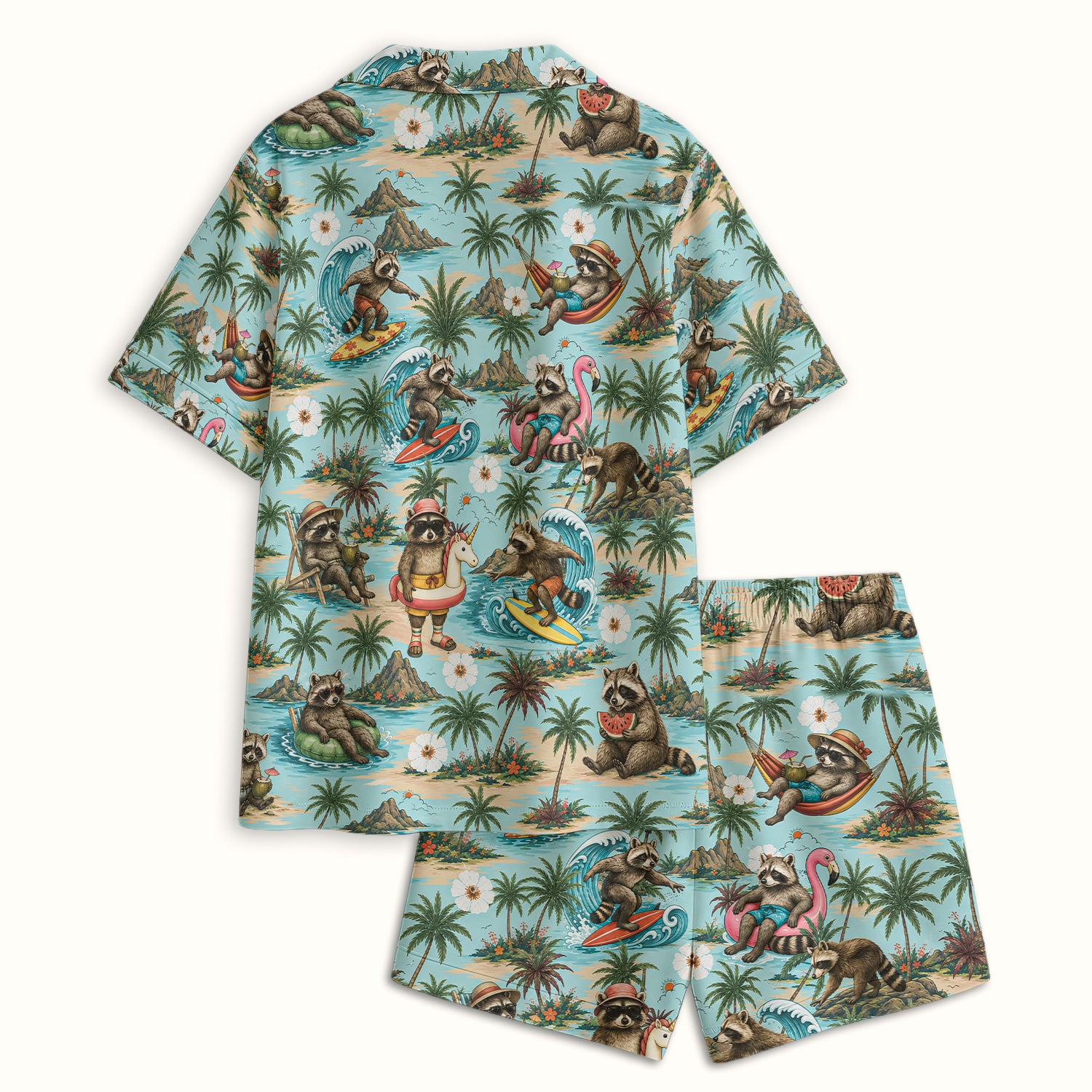 Tropical Raccoon with Surfing Island Beach Print Pajama Set, Soft Breathable Fabric Comfortable Sleepwear