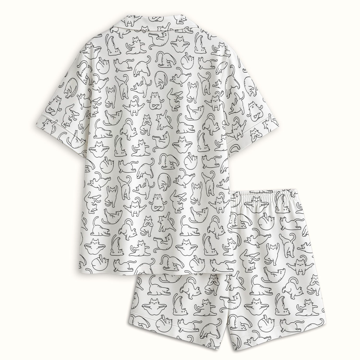 Cute Cat Outline Playing Pattern Pajama Set, Soft Breathable Fabric Comfortable Sleepwear