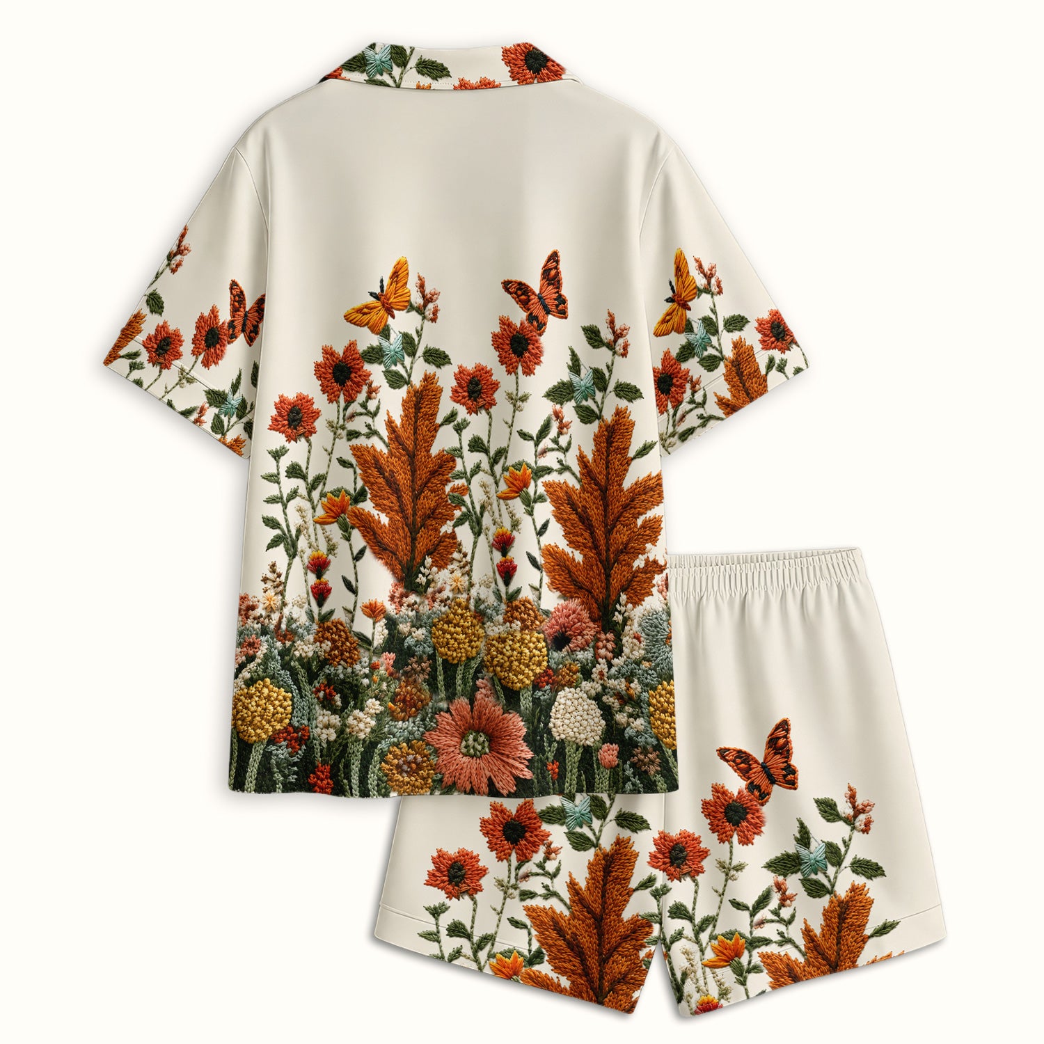 Embroidered Orange Cat Wildflower Pattern Pajama Set, Soft Breathable Fabric Comfortable Sleepwear