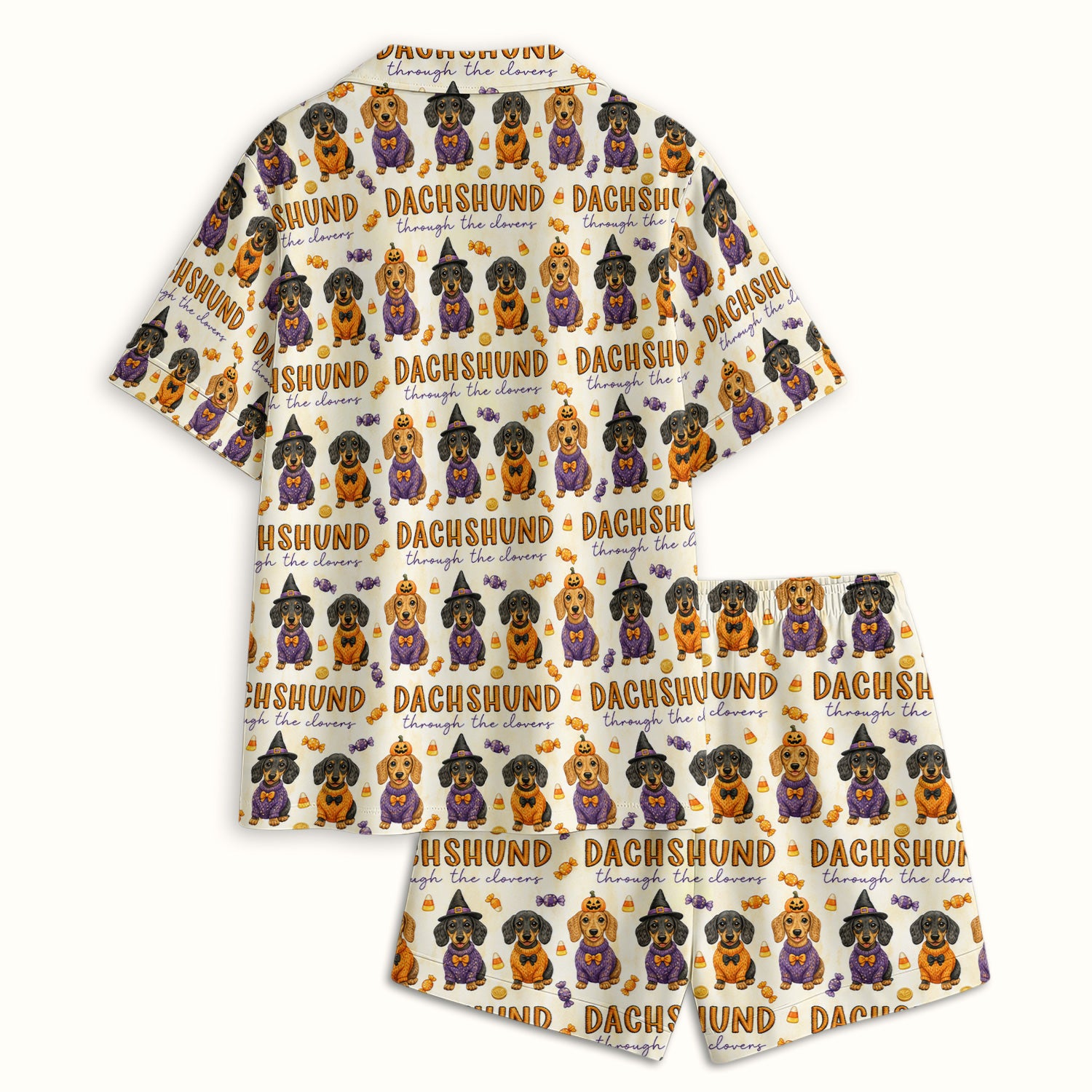 Candy Dachshund Pattern Pajama Set, Soft Breathable Fabric Comfortable Sleepwear