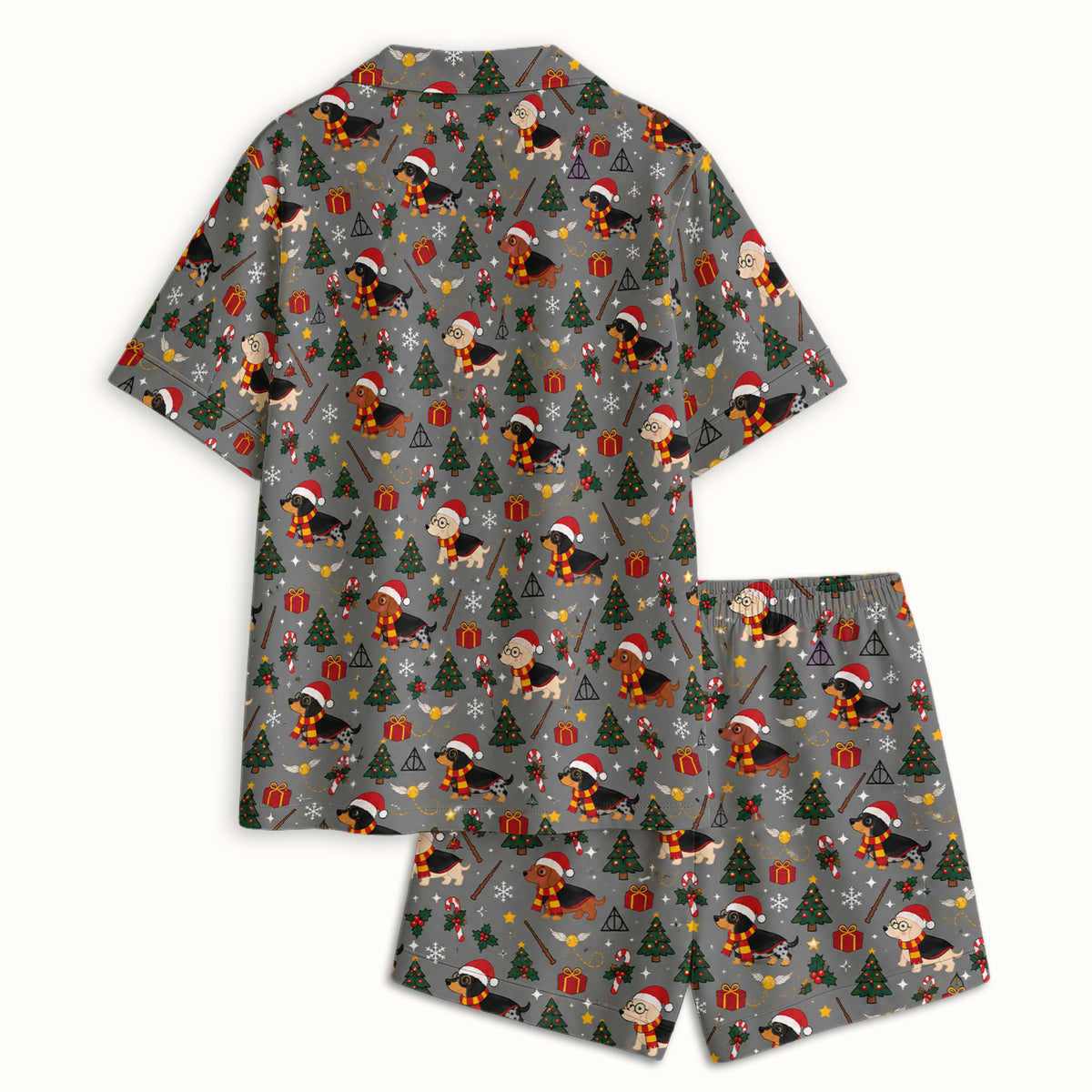Christmas Wizard Dachshunds Pattern Pajama Set, Soft Breathable Fabric Comfortable Sleepwear
