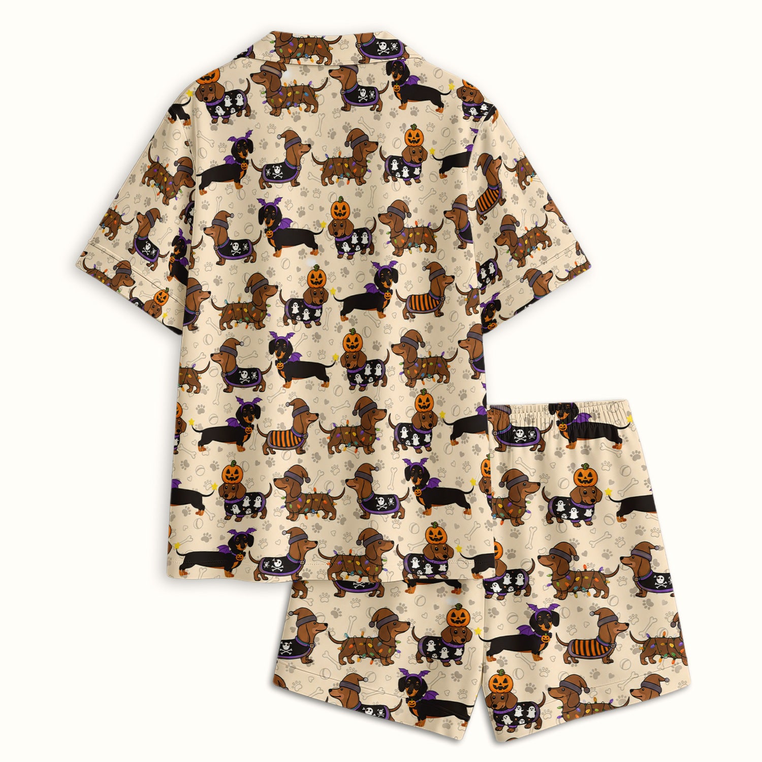 Halloween Dachshund with Pumpkin Ghost Print Pajama Set, Soft Breathable Fabric Comfortable Sleepwear