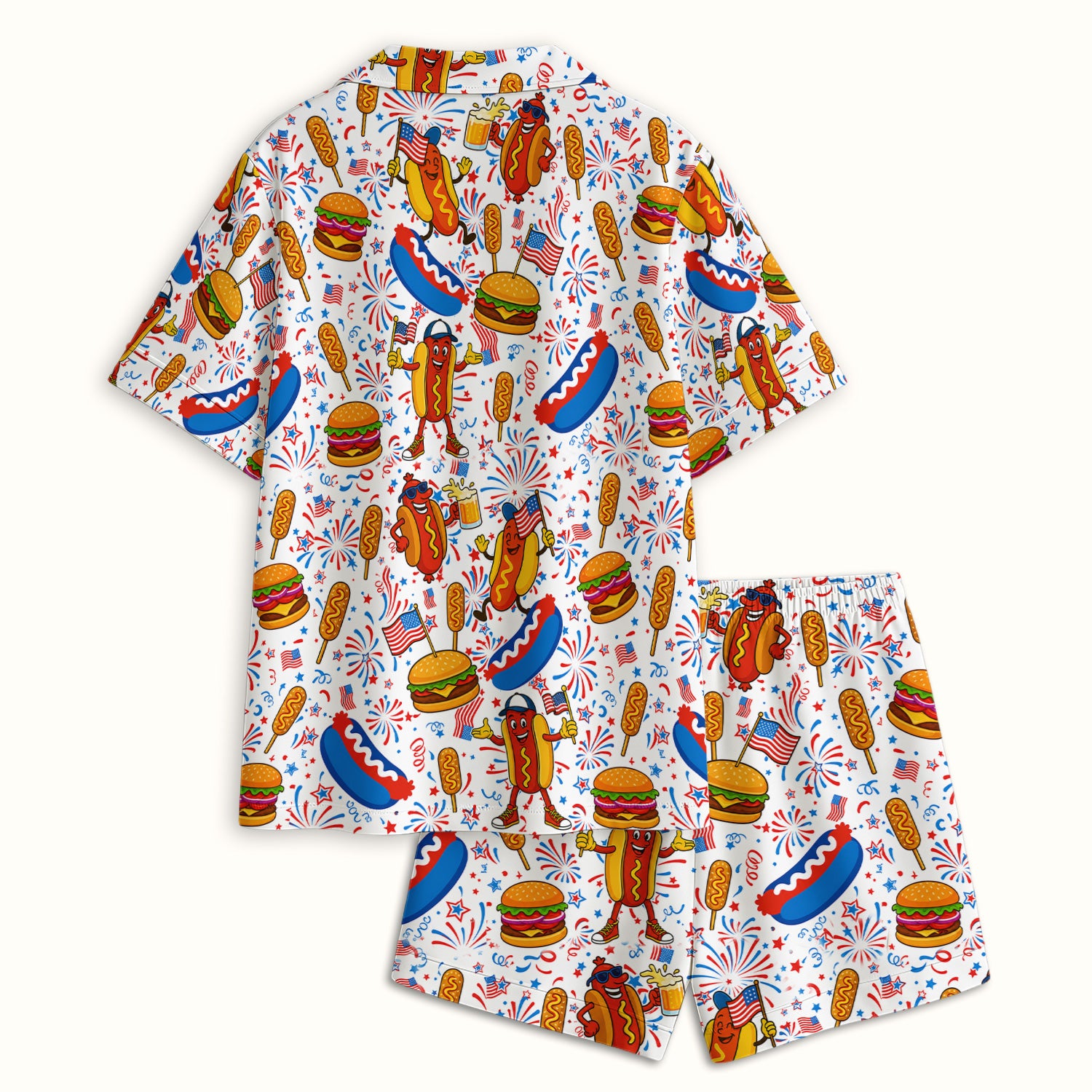 Patriotic Hot Dog Burger Fireworks Pajama Set, Soft Breathable Fabric Comfortable Sleepwear