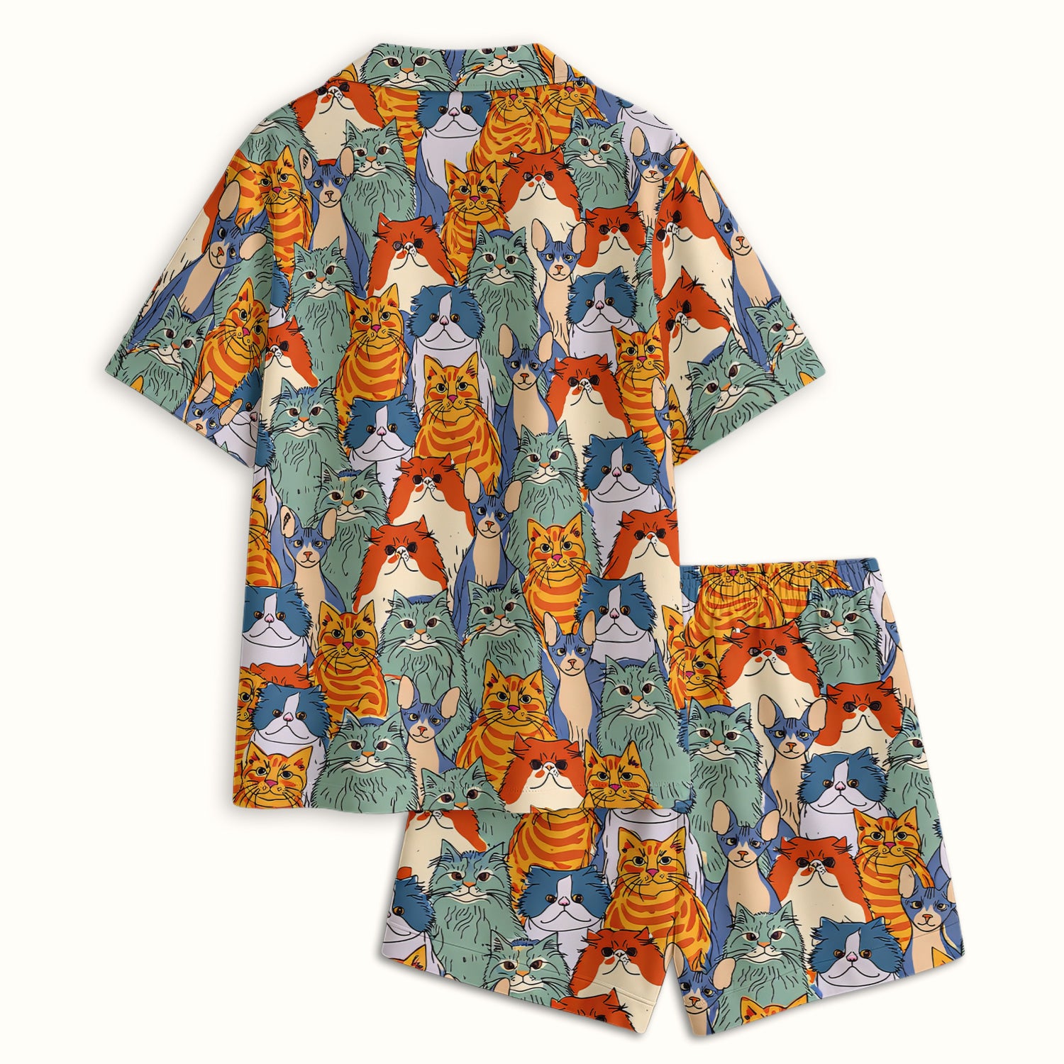Cute Multicolor Cat Faces Illustration Pattern Pajama Set, Soft Breathable Fabric Comfortable Sleepwear