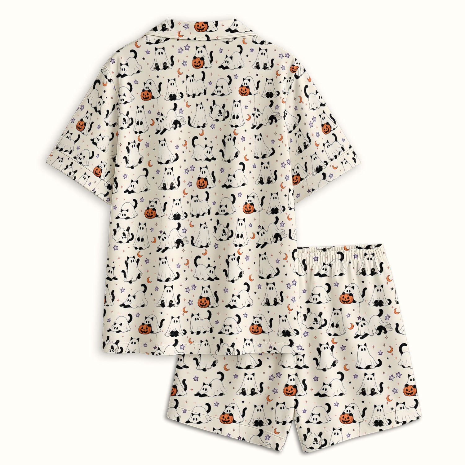 Halloween Ghost Cats And Pumpkins Pajama Set, Soft Breathable Fabric Comfortable Sleepwear