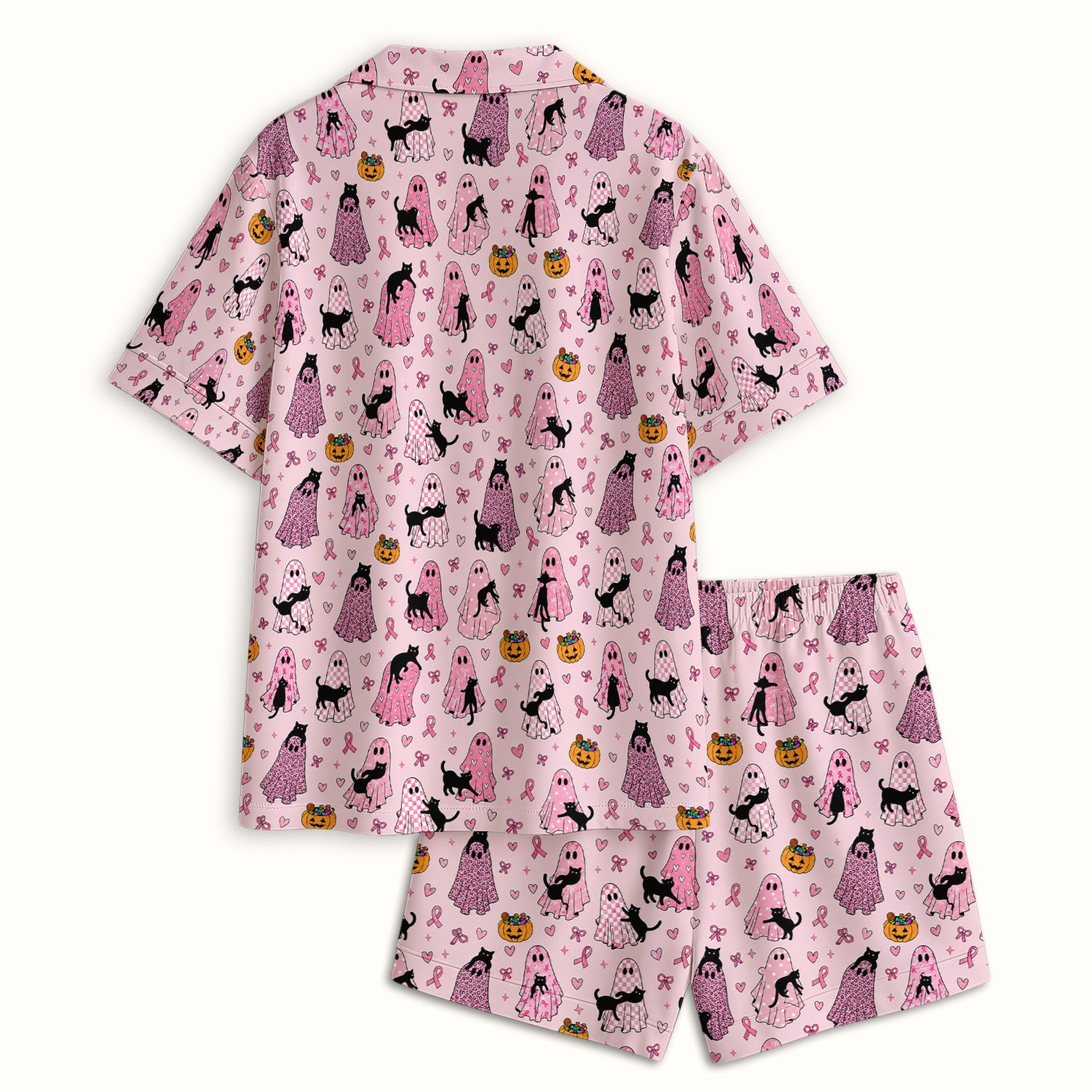 Breast Cancer Awareness Ghost Cat Pajama Set, Soft Breathable Fabric Comfortable Sleepwear
