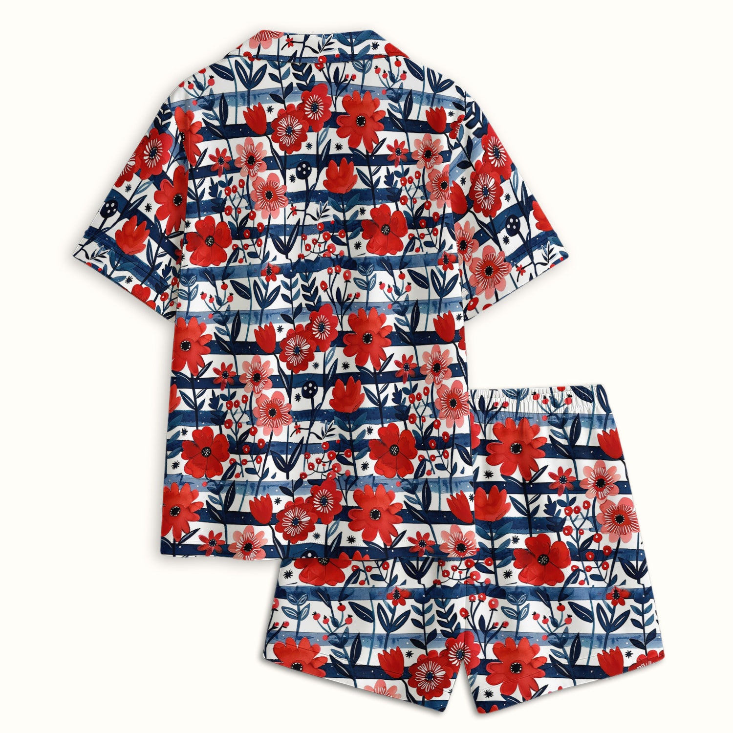 Red Poppy Navy Stripe Pattern Pajama Set, Soft Breathable Fabric Comfortable Sleepwear