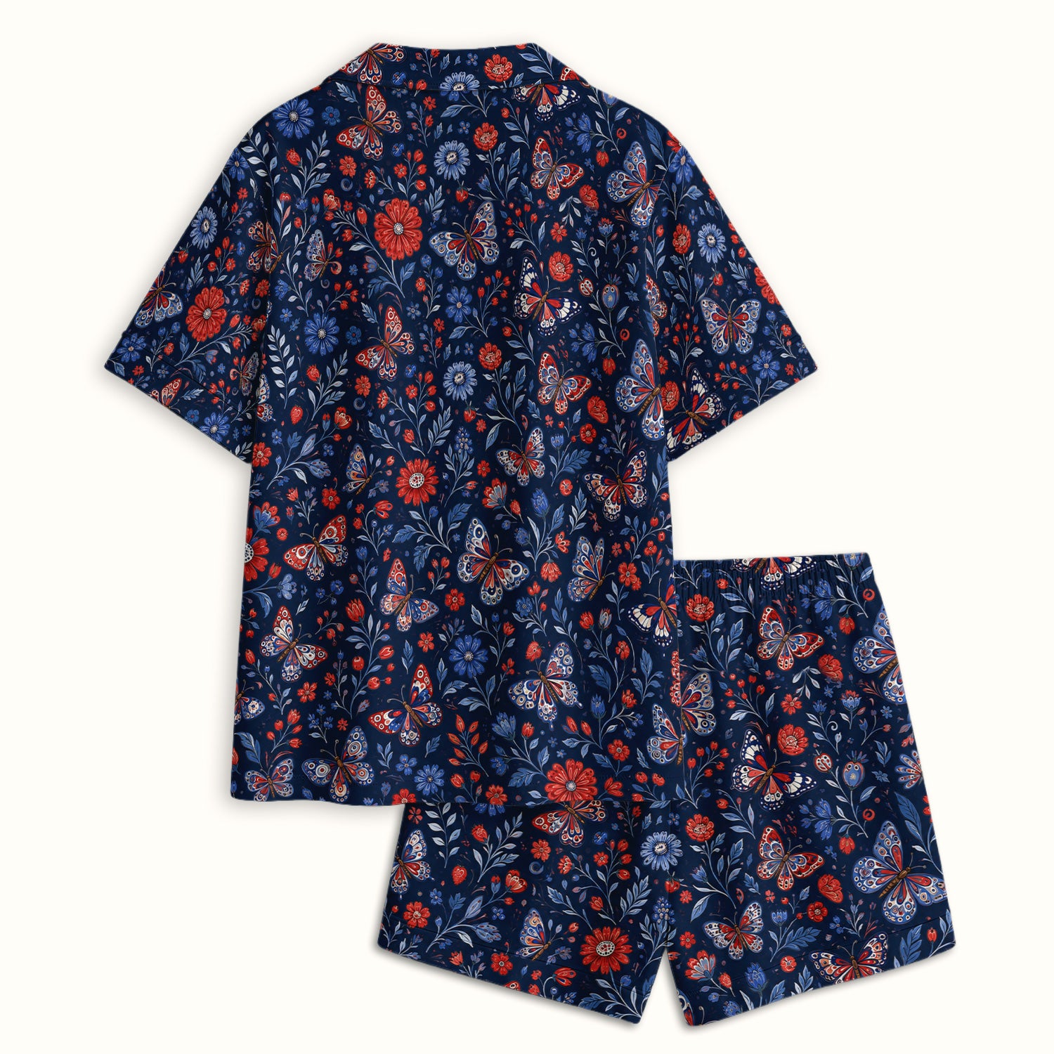 Patriotic Floral Butterfly Pattern Pajama Set, Soft Breathable Fabric Comfortable Sleepwear