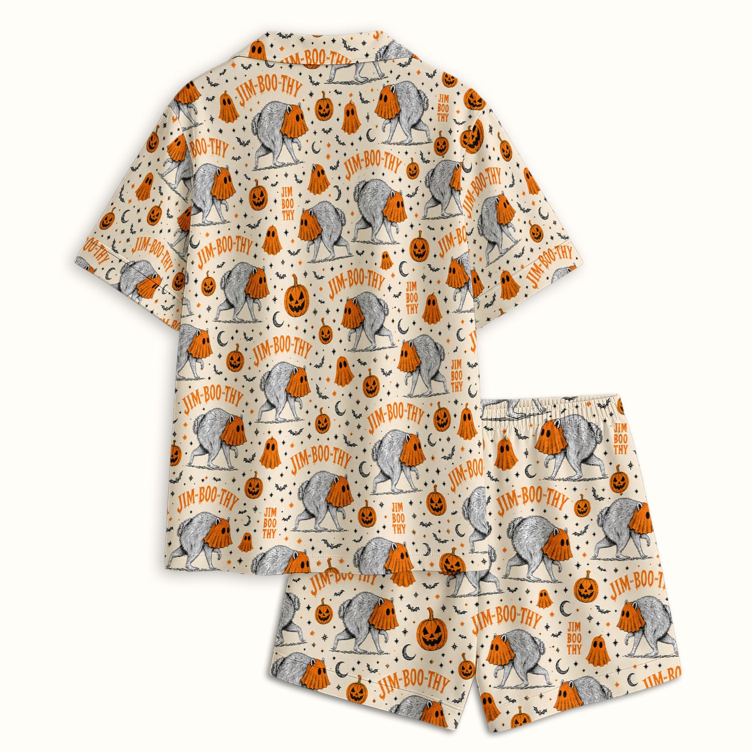 Funny Halloween Ghost Jimothy Pattern Pajama Set, Soft Breathable Fabric Comfortable Sleepwear