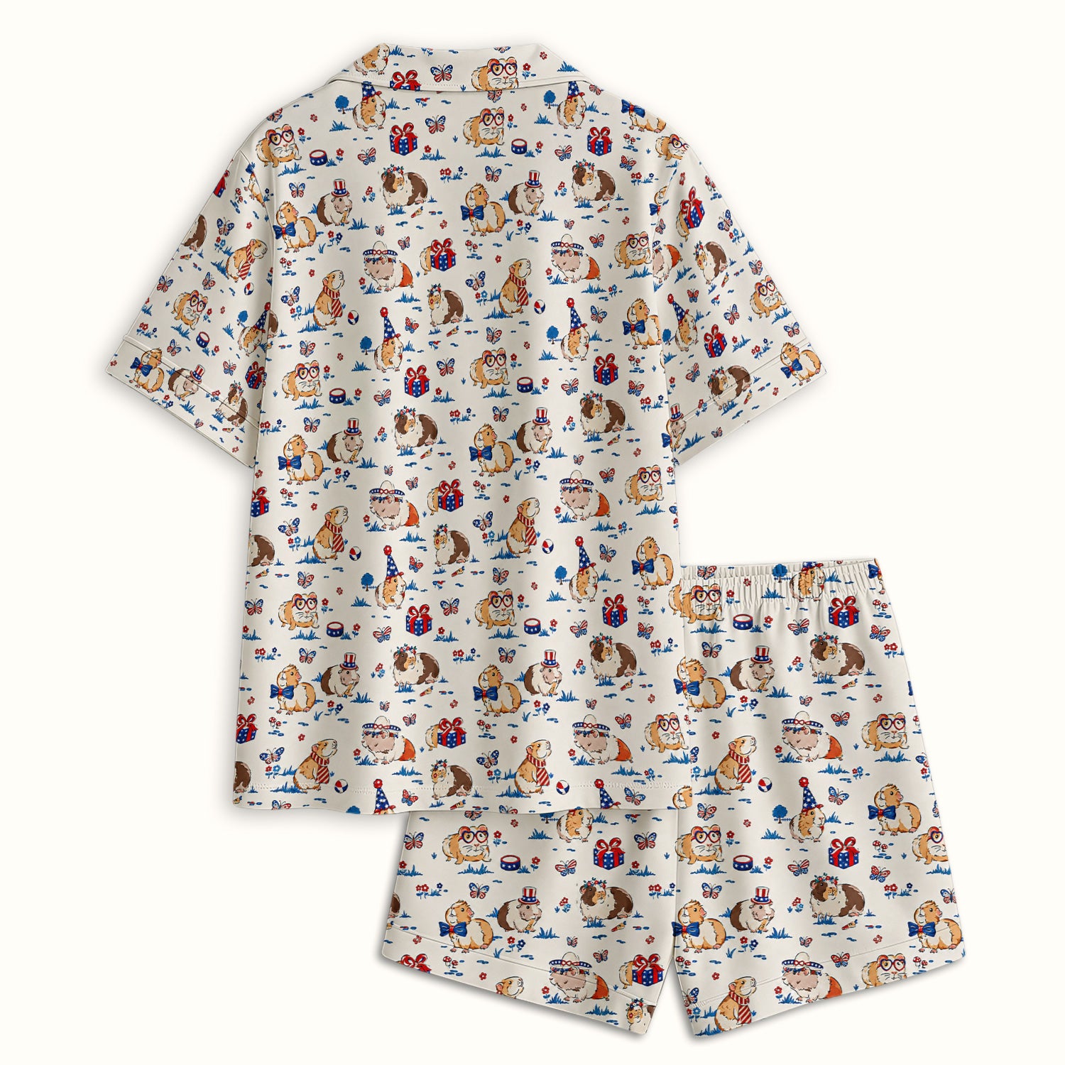 Patriotic Guinea Pig Celebration Pattern Pajama Set, Soft Breathable Fabric Comfortable Sleepwear