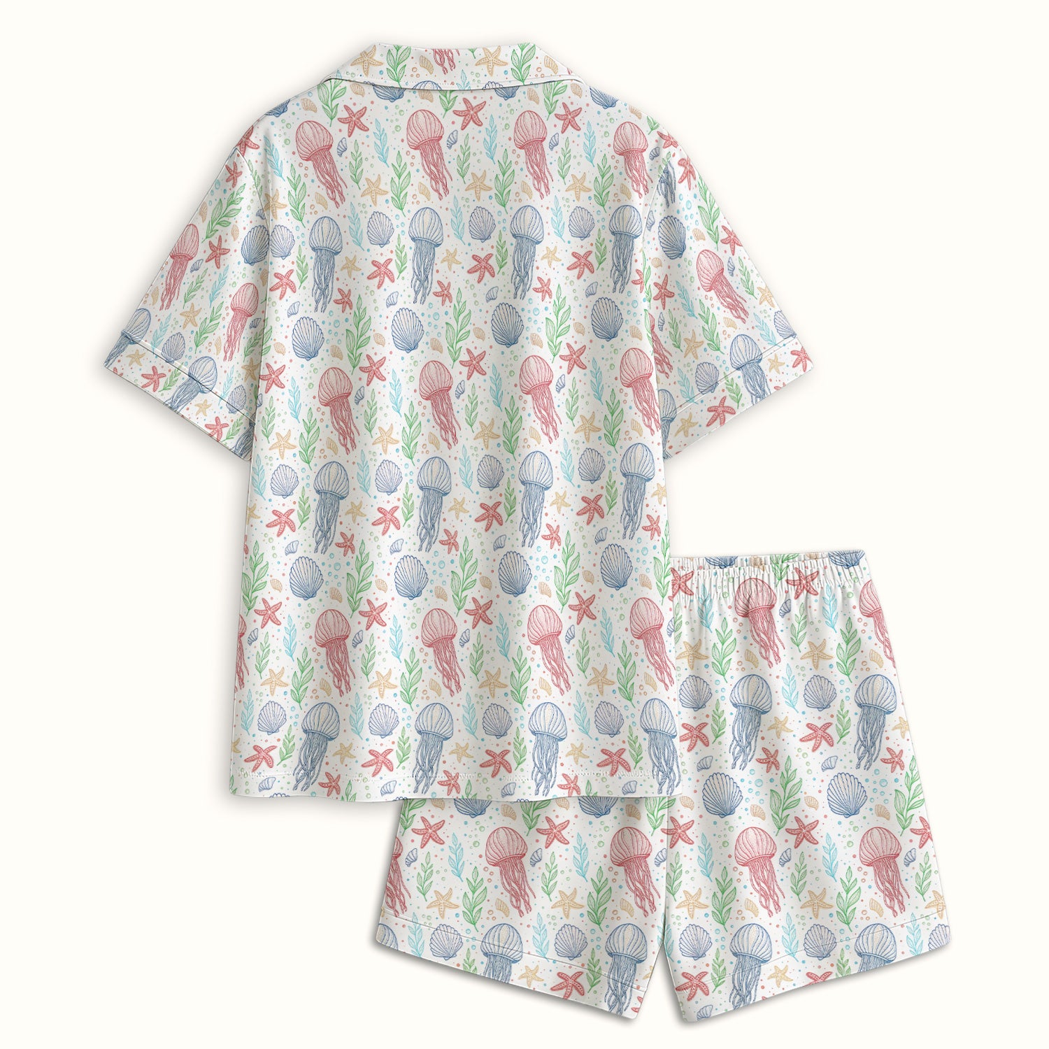 Cute Jellyfish Ocean World Pattern Pajama Set, Soft Breathable Fabric Comfortable Sleepwear
