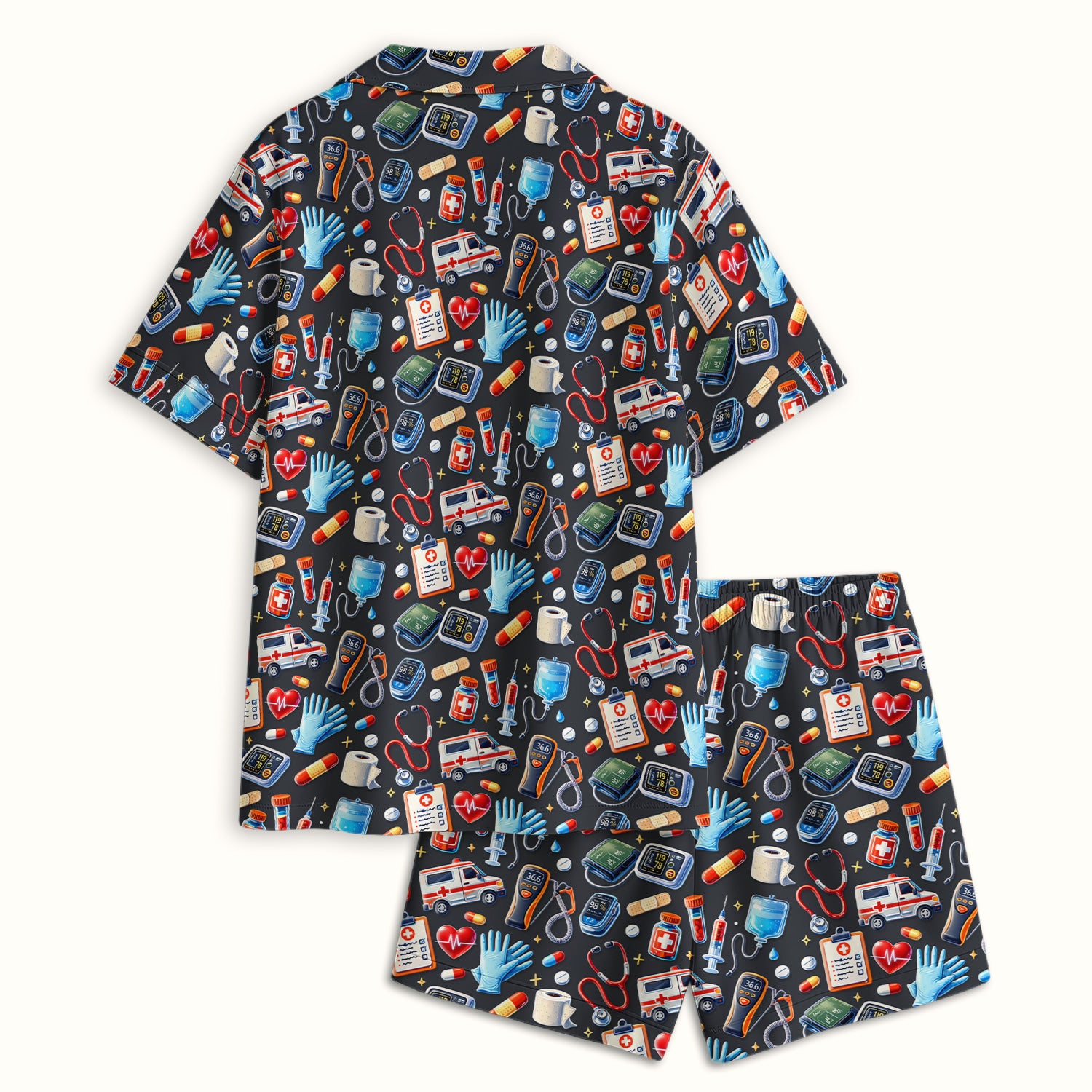 Medical Tools Pattern Ambulance Stethoscope Pajama Set, Breathable Fabrics Uniform