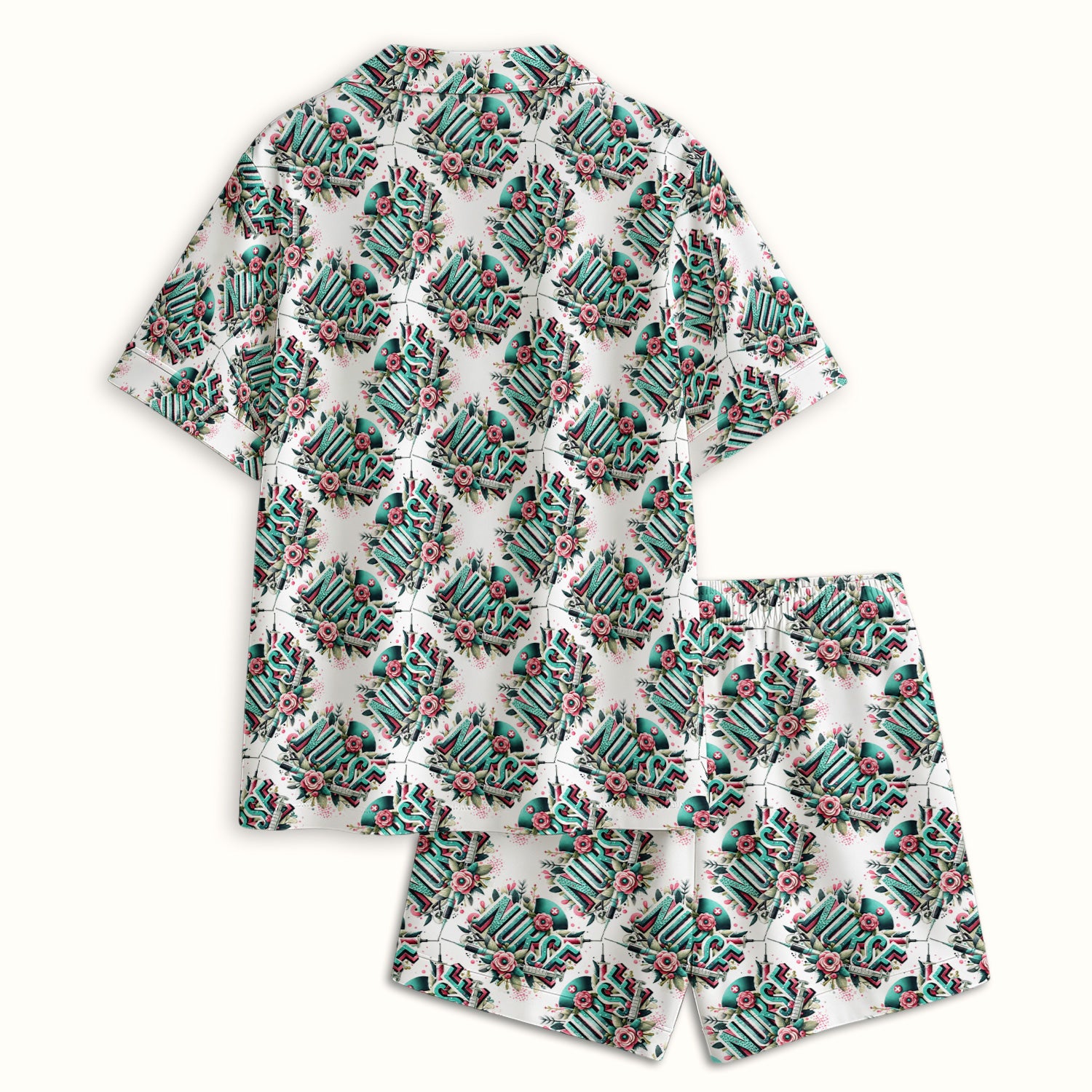 Cute Nurse Typography Floral Medical Pattern Pajama Set, Soft Breathable Fabric Comfortable Sleepwear