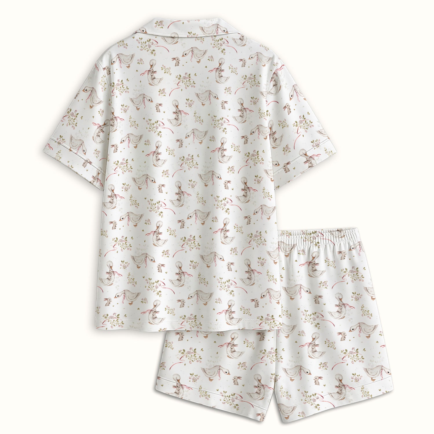 Cute Duck Bunny Floral Print Pajama Set, Soft Breathable Fabric Comfortable Sleepwear