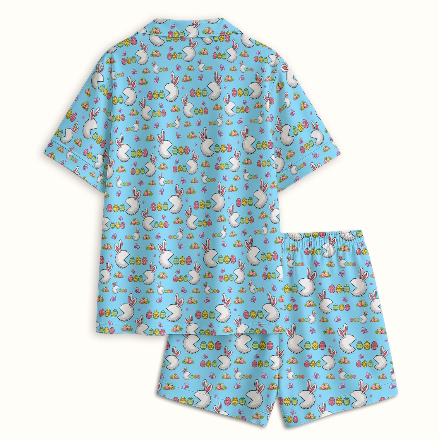 Easter Bunny and Colorful Eggs Print  Pajama Set, Breathable Fabrics Uniform