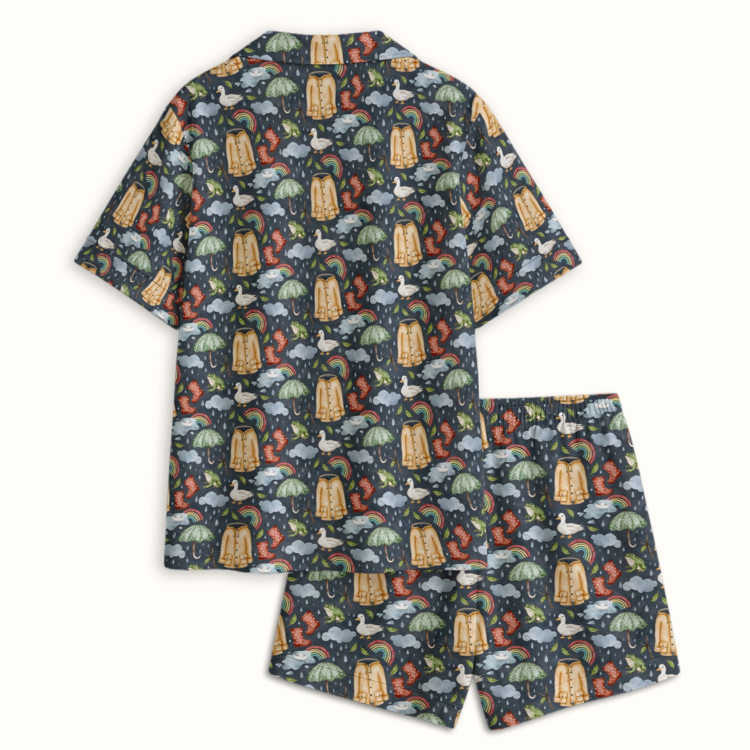 Cute Rainy Day Ducks & Frog Rainbow Pattern Pajama Set, Soft Breathable Fabric Comfortable Sleepwear