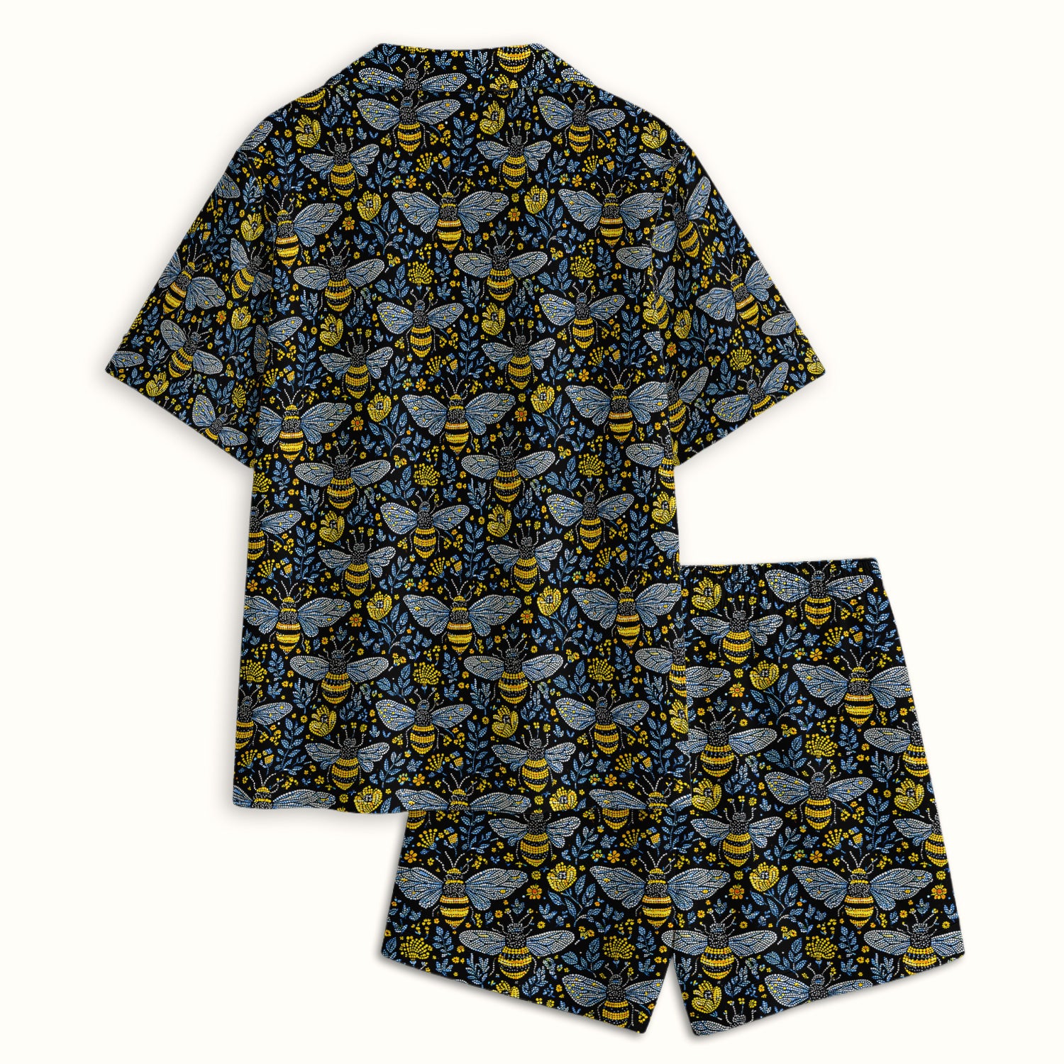 Honey Bee And Wildflower Garden Pattern Pajama Set, Breathable Fabrics Uniform
