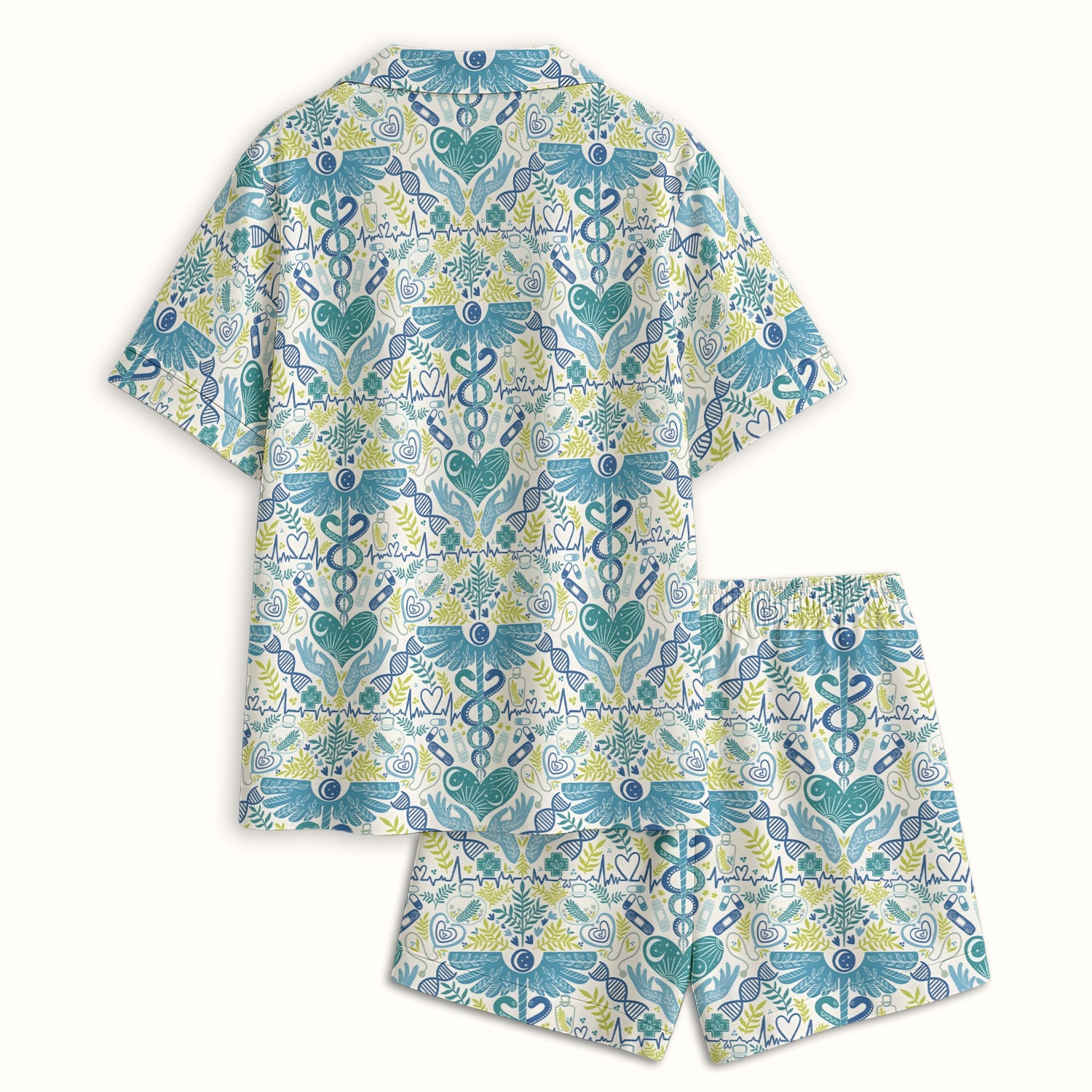 Inspirational Botanical Medical Caduceus Heart Nurse Pattern Pajama Set, Breathable Fabrics Uniform