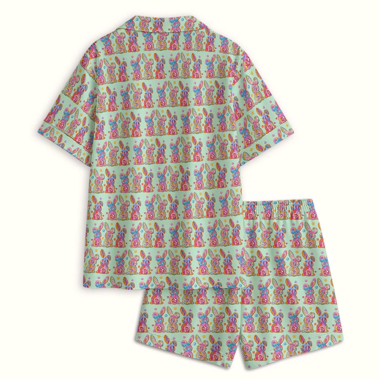 Cute Pastel Bunny Floral Pattern Pajama Set, Breathable Fabrics Uniform