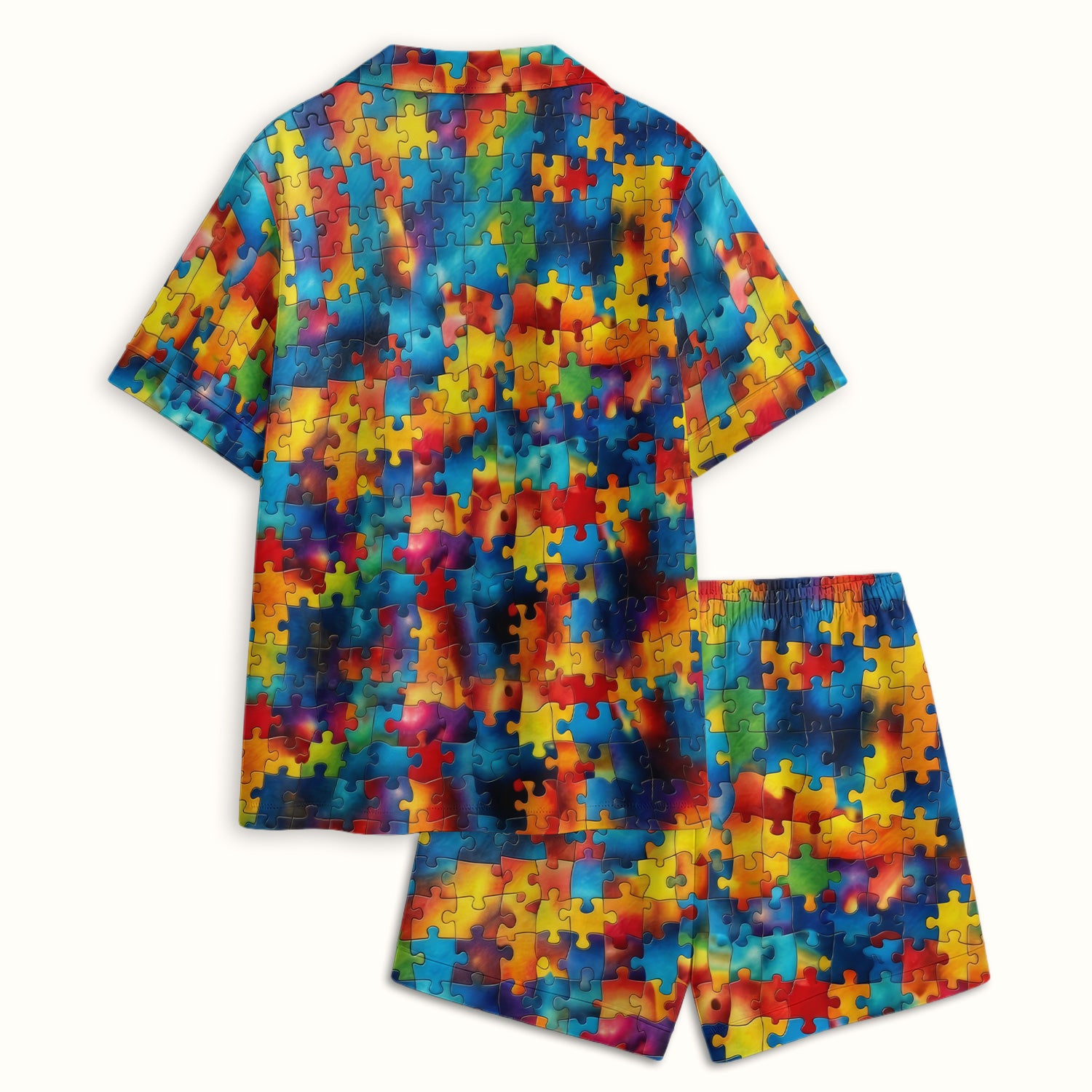 Bright Rainbow Puzzle Piece Art Pajama Set, Soft Breathable Fabric Comfortable Sleepwear