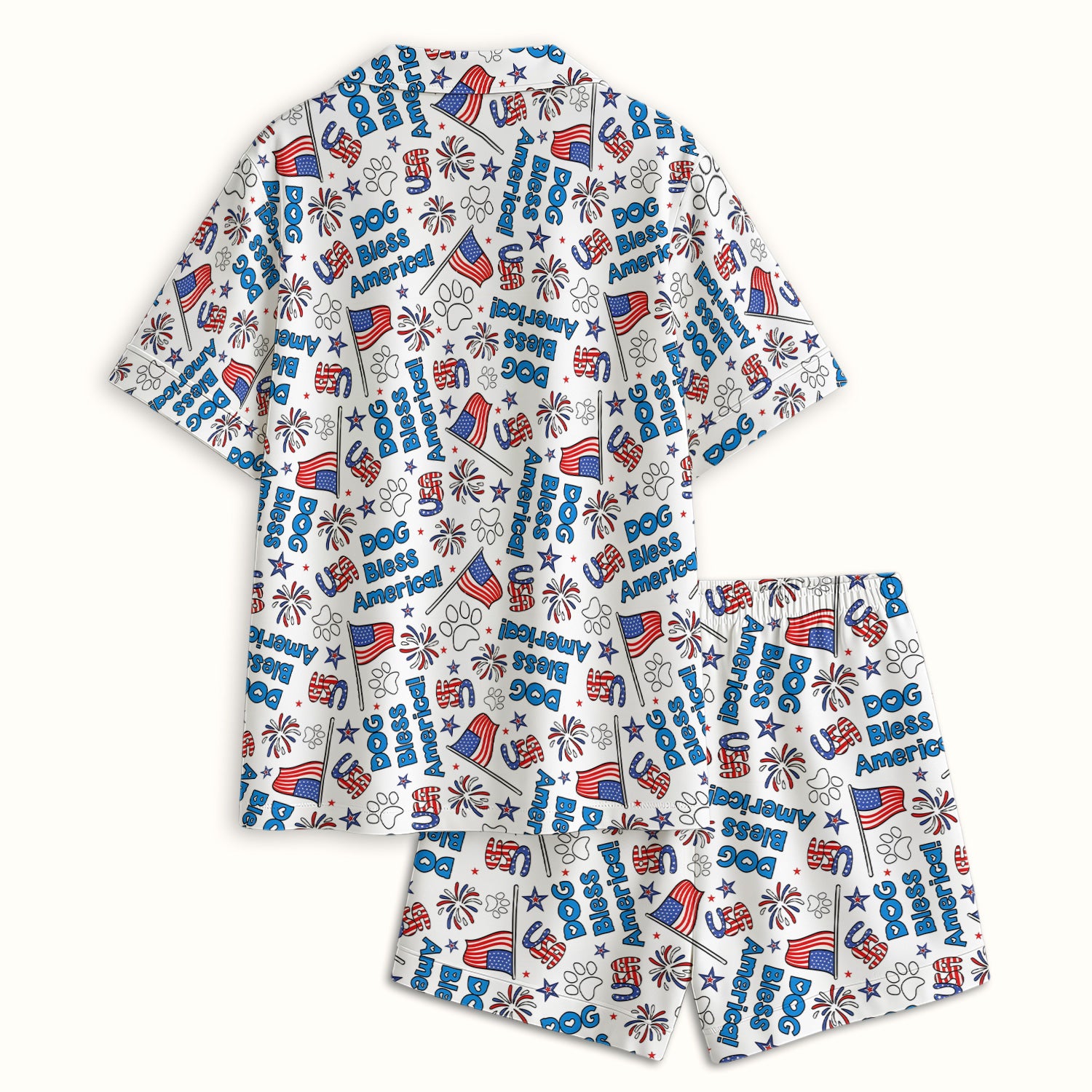 Funny Patriotic Dog Bless America Flag Pattern Pajama Set, Soft Breathable Fabric Comfortable Sleepwear