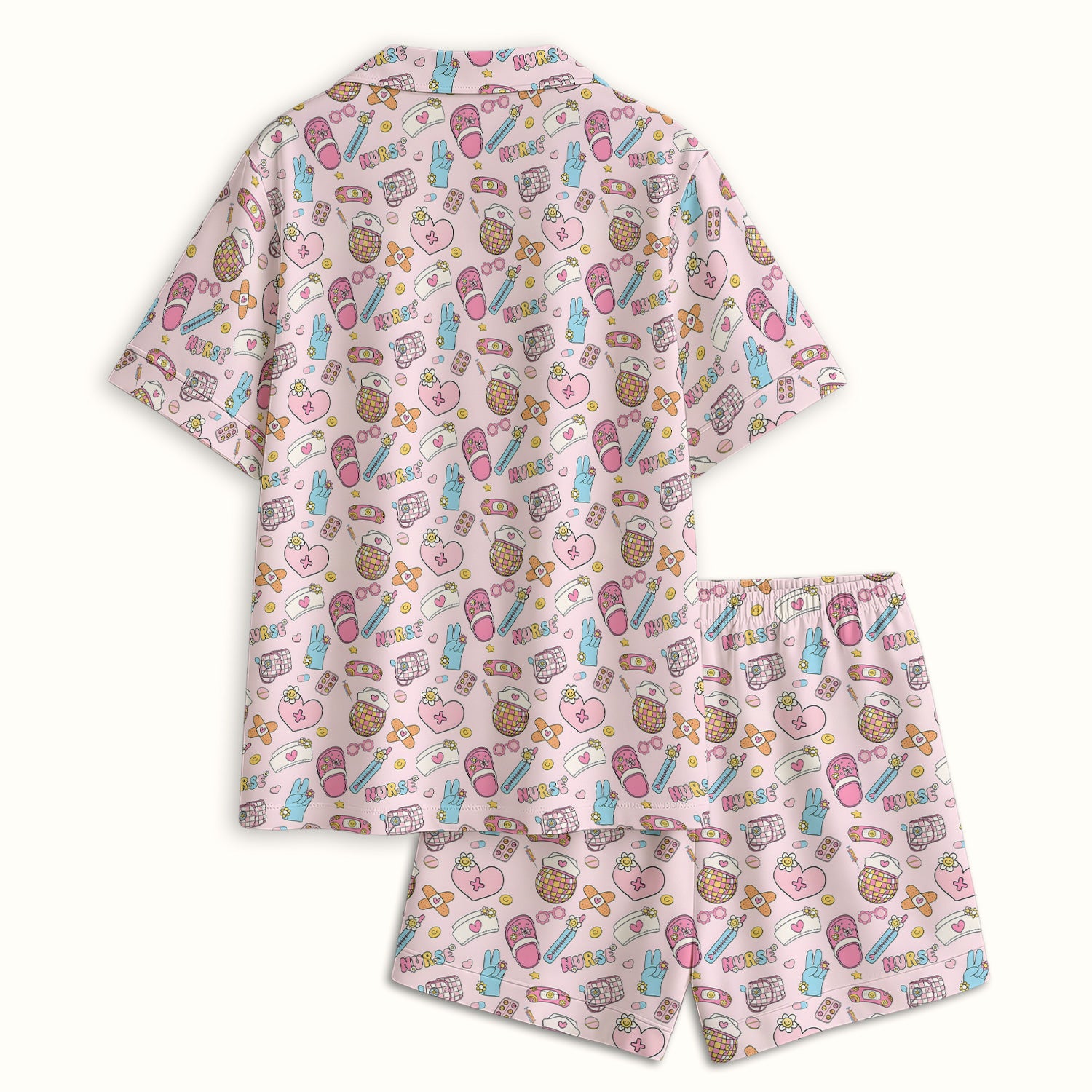 Cute Nurse Pink Medical Tools Pattern Pajama Set, Soft Breathable Fabric Comfortable Sleepwear