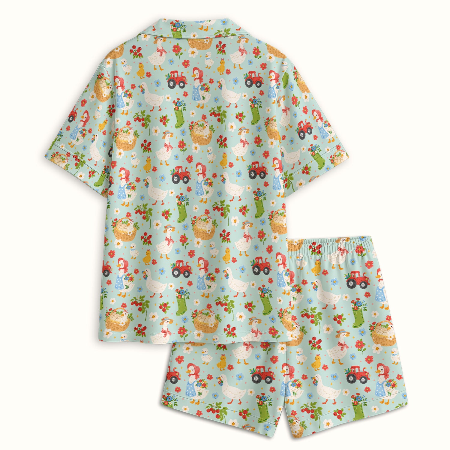 Farm Duck Chicken Tractor Flower Basket Pajama Set, Breathable Fabrics Uniform