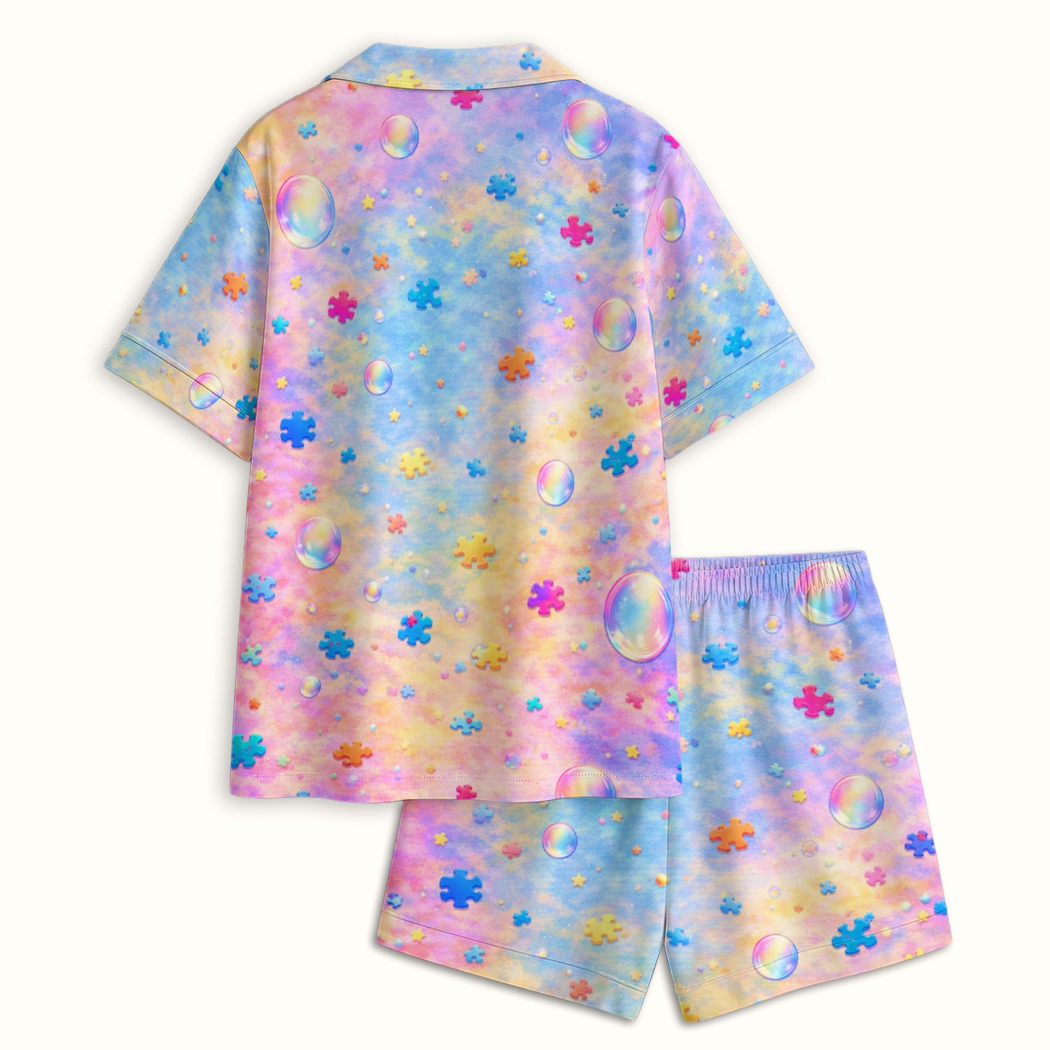 Autism Puzzle Sea Turtle Pastel Rainbow Print Pajama Set, Soft Breathable Fabric Comfortable Sleepwear