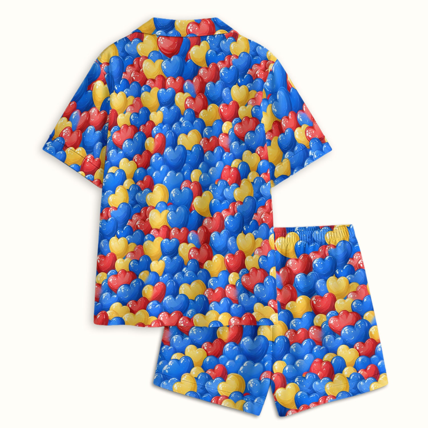 Colorful Autism Heart Pattern Pajama Set, Soft Breathable Fabric Comfortable Sleepwear