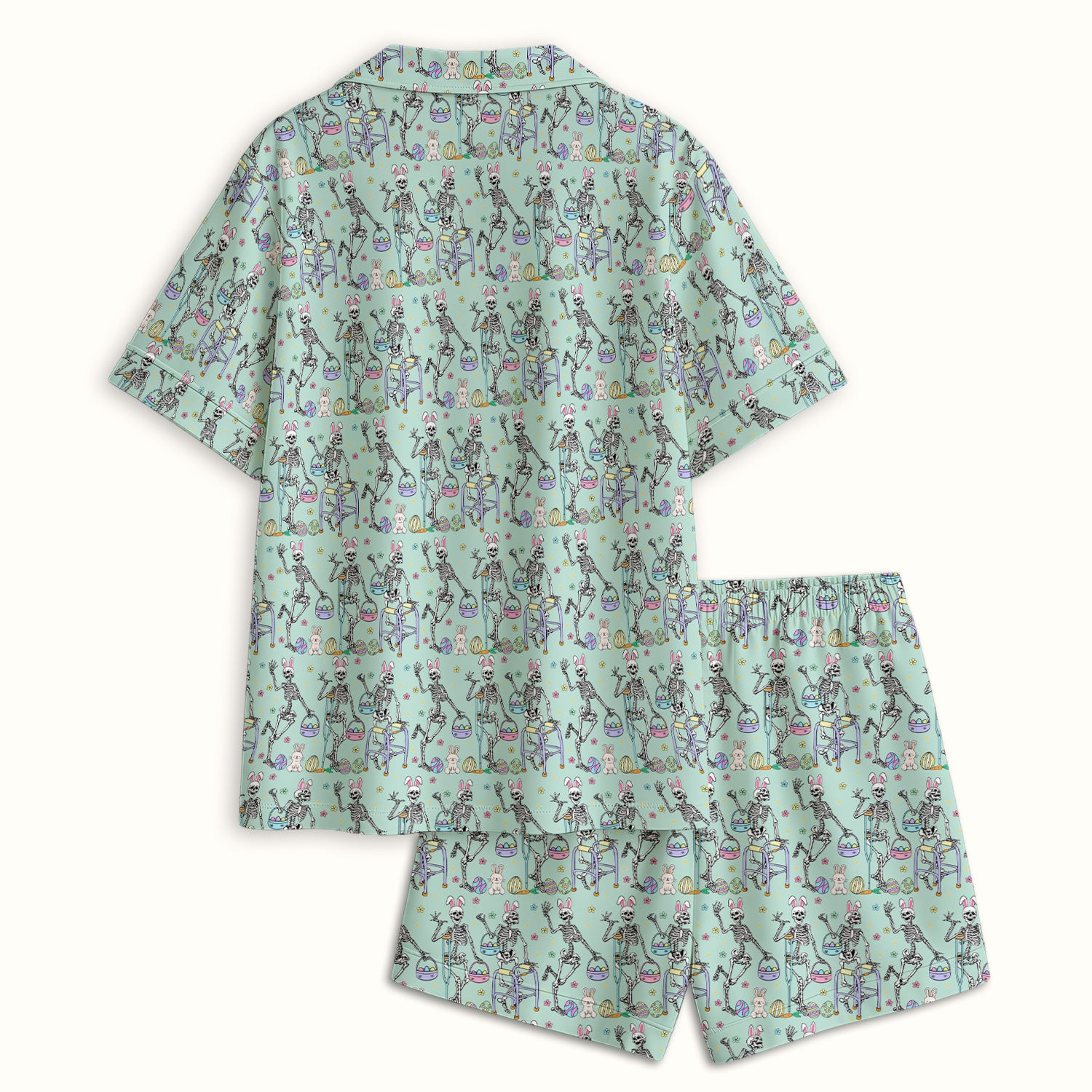 Fun Skeleton Bunny Easter Print Pajama Set, Breathable Fabrics Uniform
