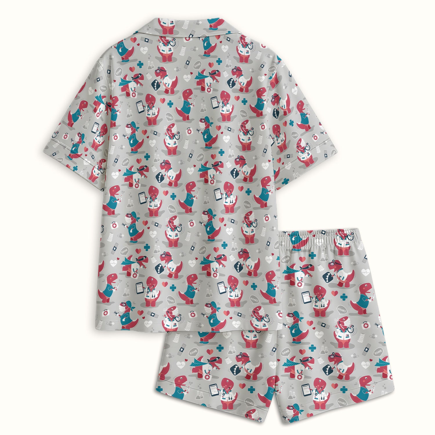 Cute Dinosaur Doctor Medical Pattern Pajama Set, Breathable Fabrics Uniform