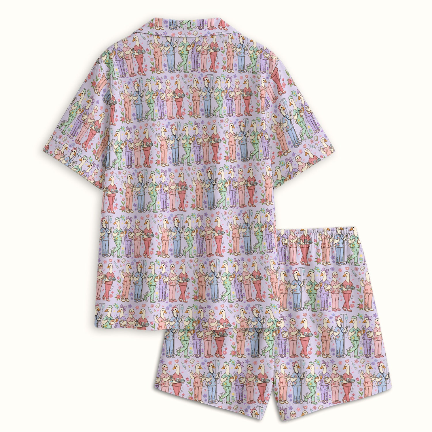 Goose Characters Floral Medical Team Uniform Pattern Pajama Set, Breathable Fabrics Uniform