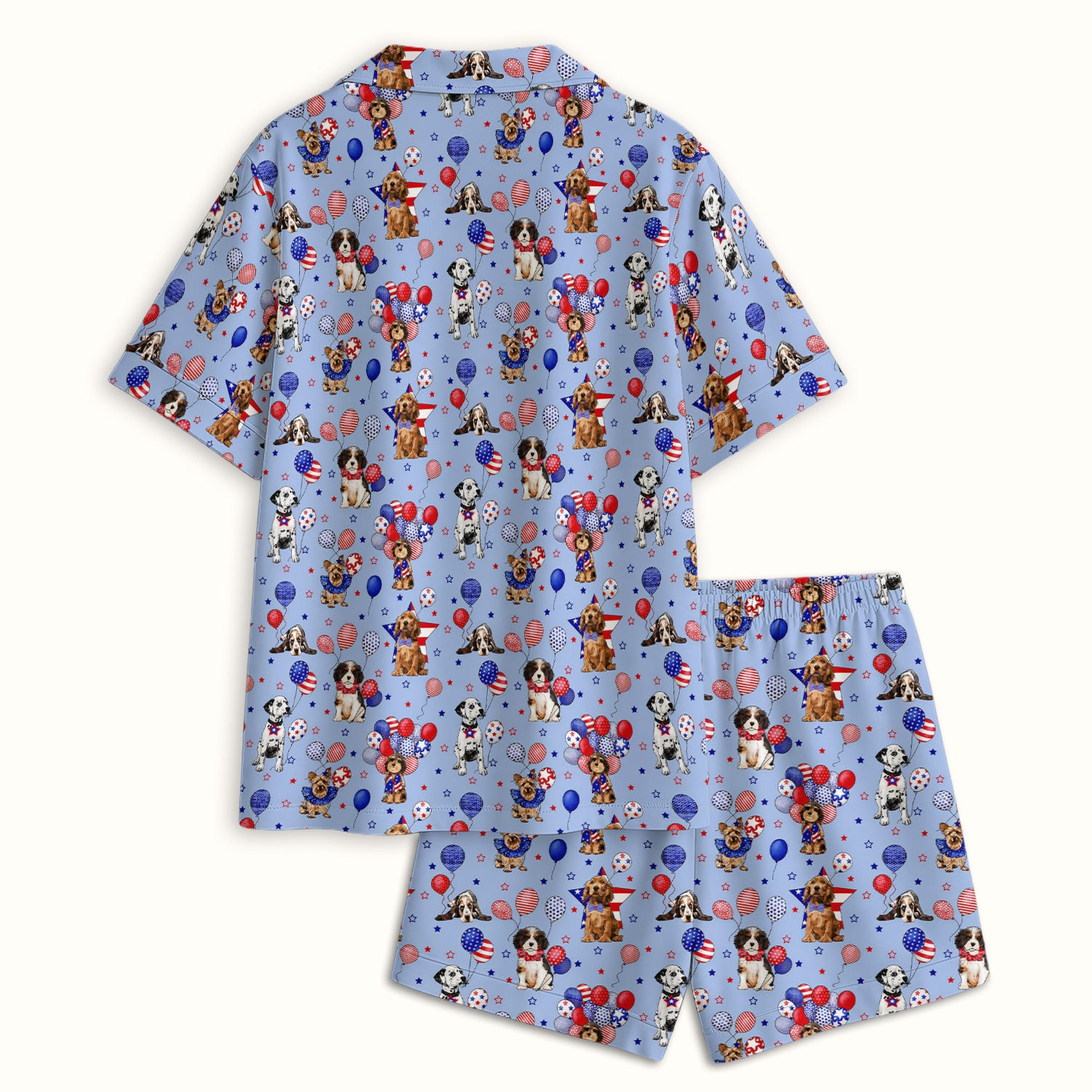 Patriotic Dogs With USA Flag Balloons Pattern Pajama Set, Soft Breathable Fabric Comfortable Sleepwear