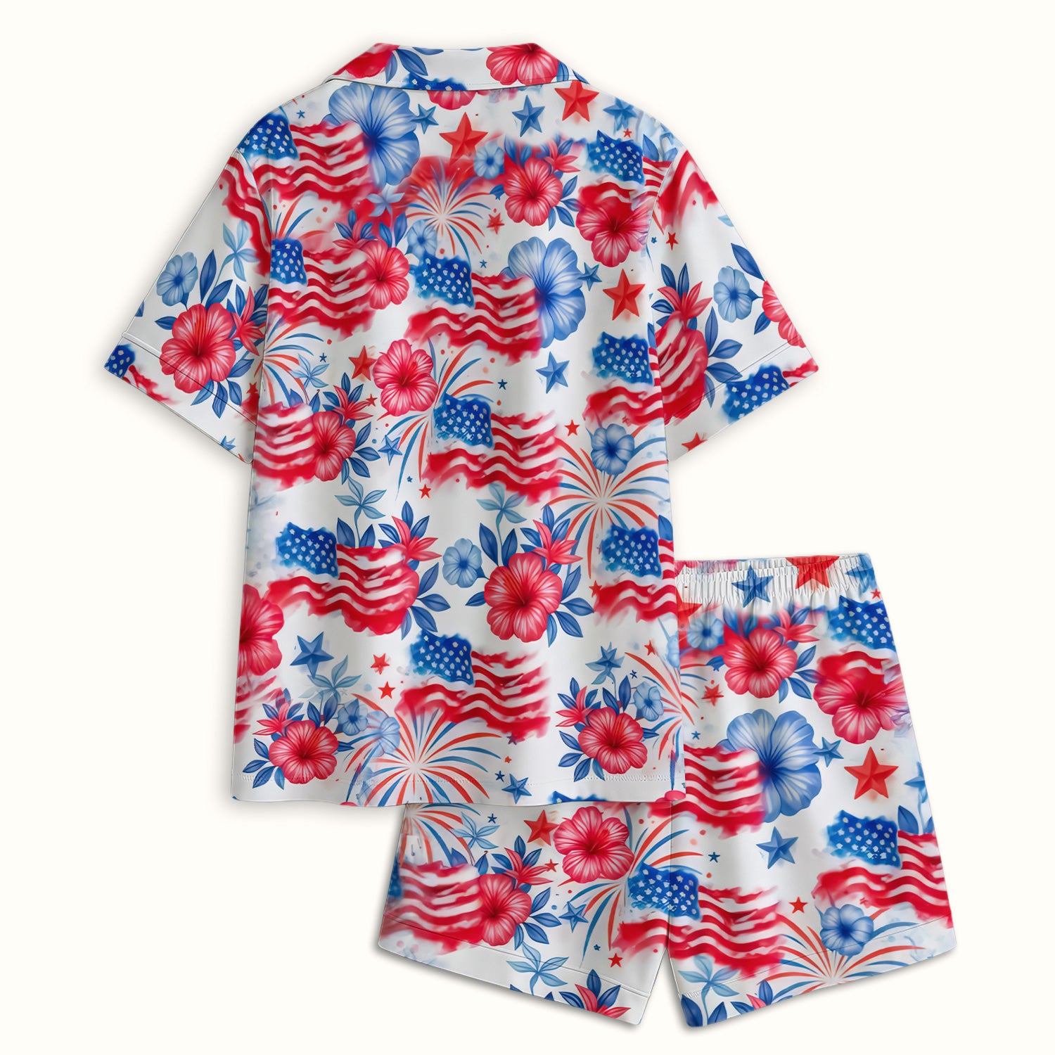 Patriotic American Flag Floral Pattern Pajama Set, Soft Breathable Fabric Comfortable Sleepwear