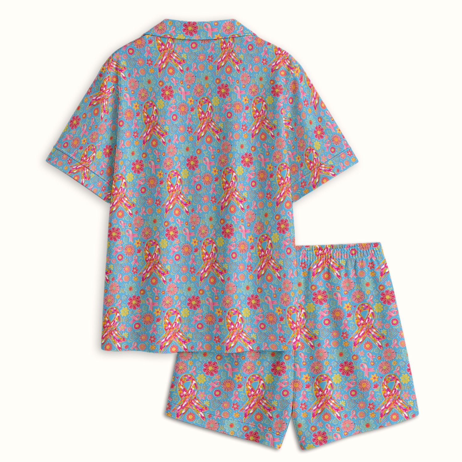Colorful Pink Ribbon Floral Pajama Set, Soft Breathable Fabric Comfortable Sleepwear
