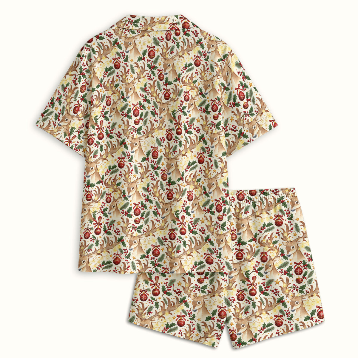 Christmas Reindeer And Holly Pajama Set, Soft Breathable Fabric Comfortable Sleepwear