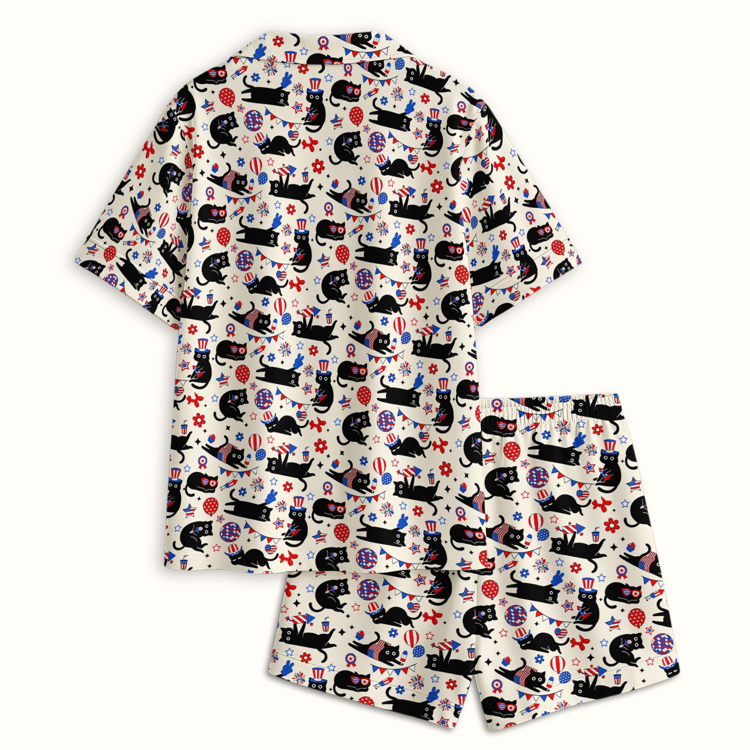 Patriotic Black Cat Pattern Pajama Set, Soft Breathable Fabric Comfortable Sleepwear