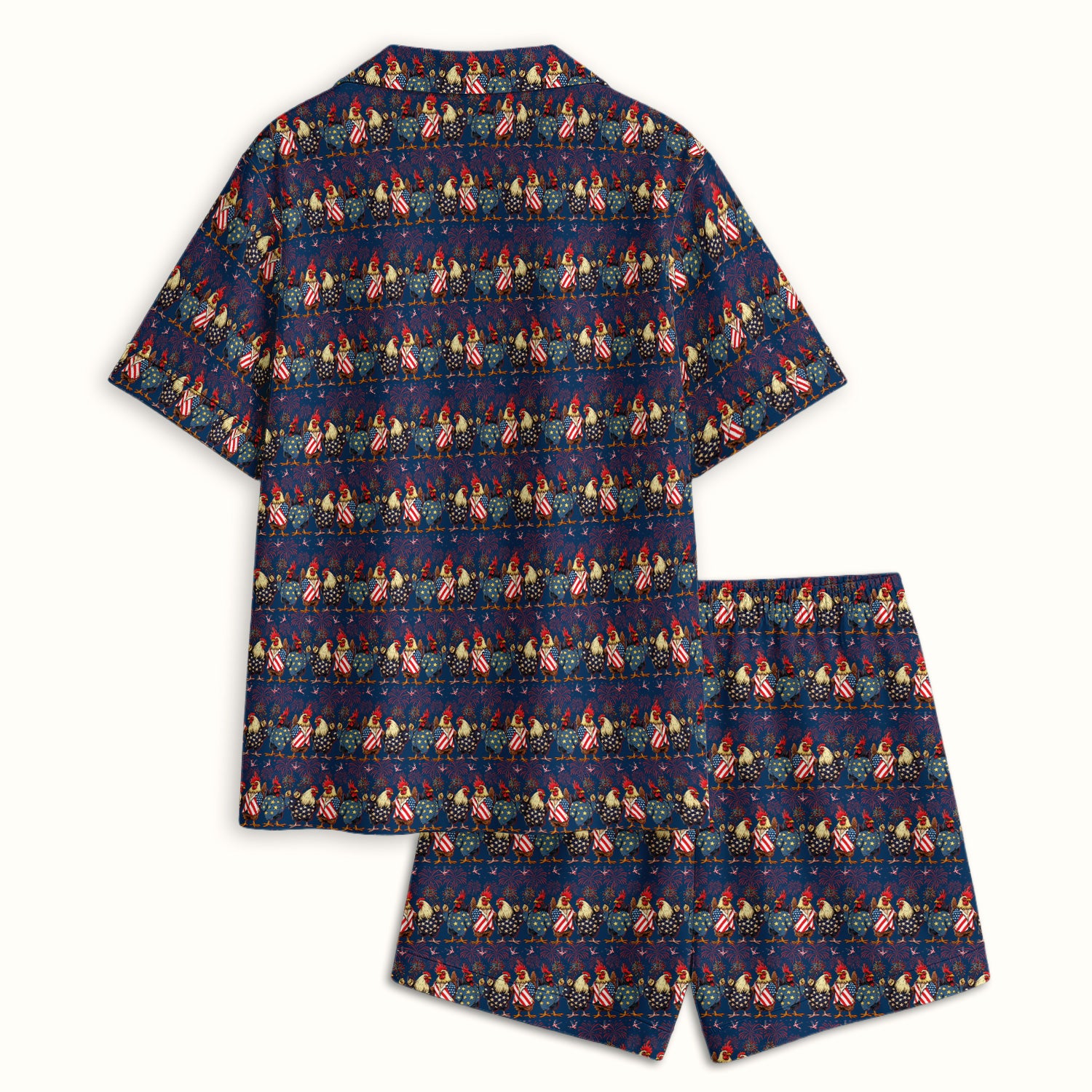 Patriotic Rooster Fireworks Pattern Pajama Set, Breathable Fabrics Uniform