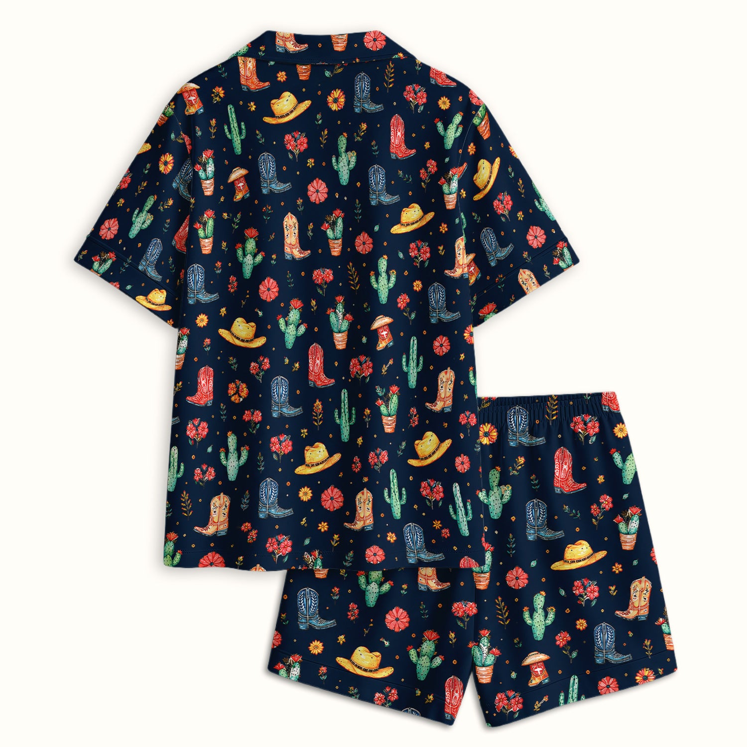Whimsical Western Cactus Boots Pattern Pajama Set, Soft Breathable Fabric Comfortable Sleepwear