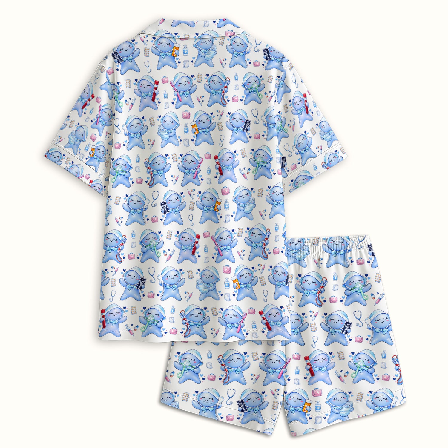Cute Tooth Character Dental Tools Caring Pattern Pajama Set, Breathable Fabrics Uniform